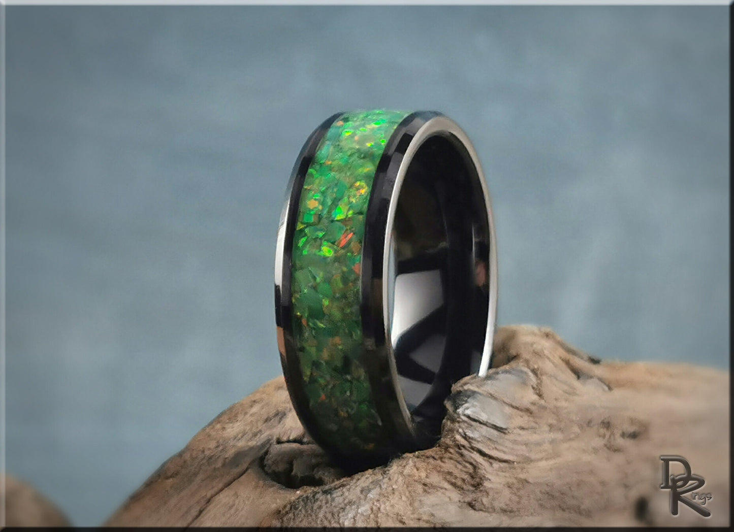 Black Ceramic Channel Ring w/Opal and Glow inlay - ceramic ring