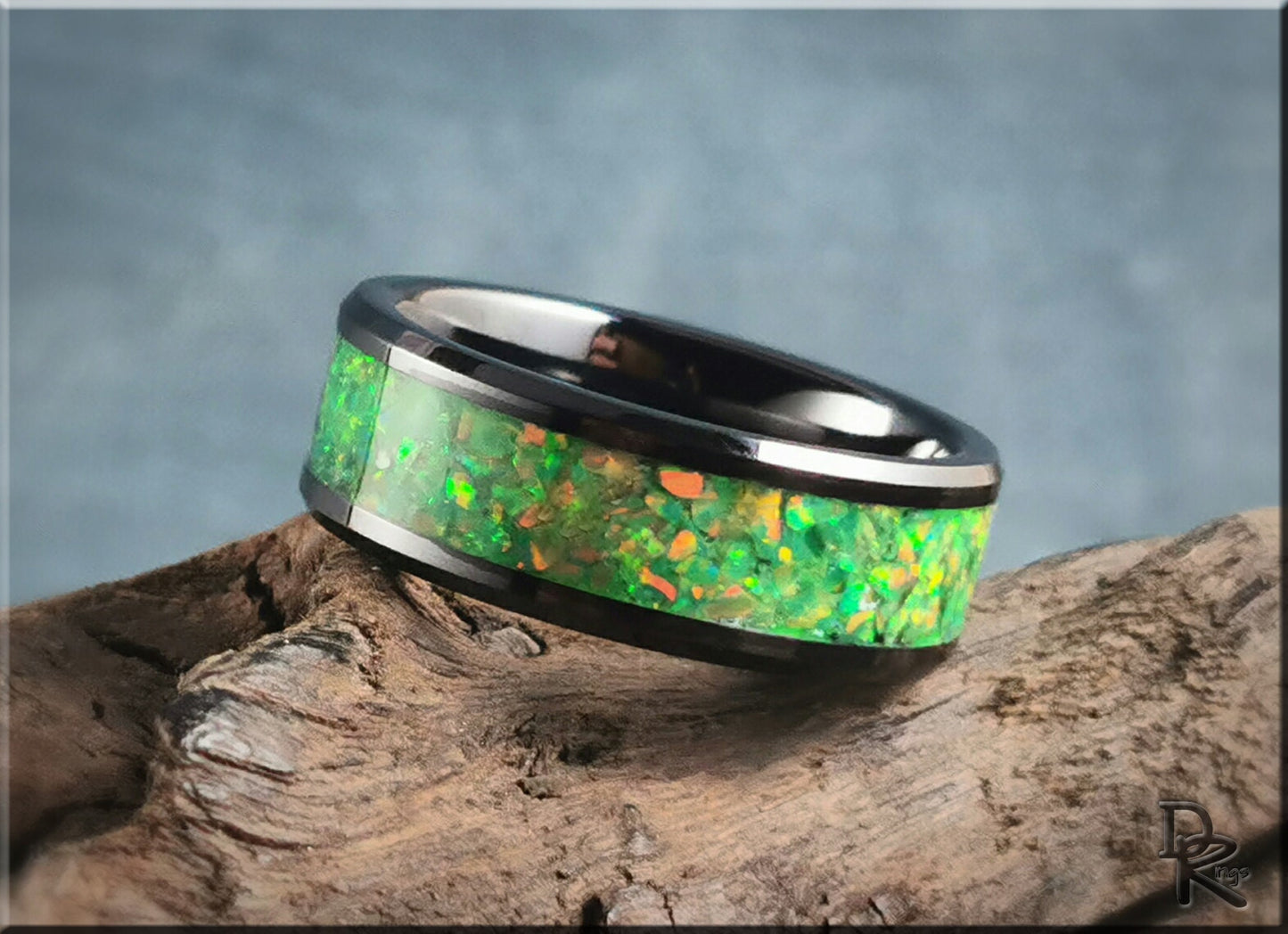 Black Ceramic Channel Ring w/Opal and Glow inlay - ceramic ring