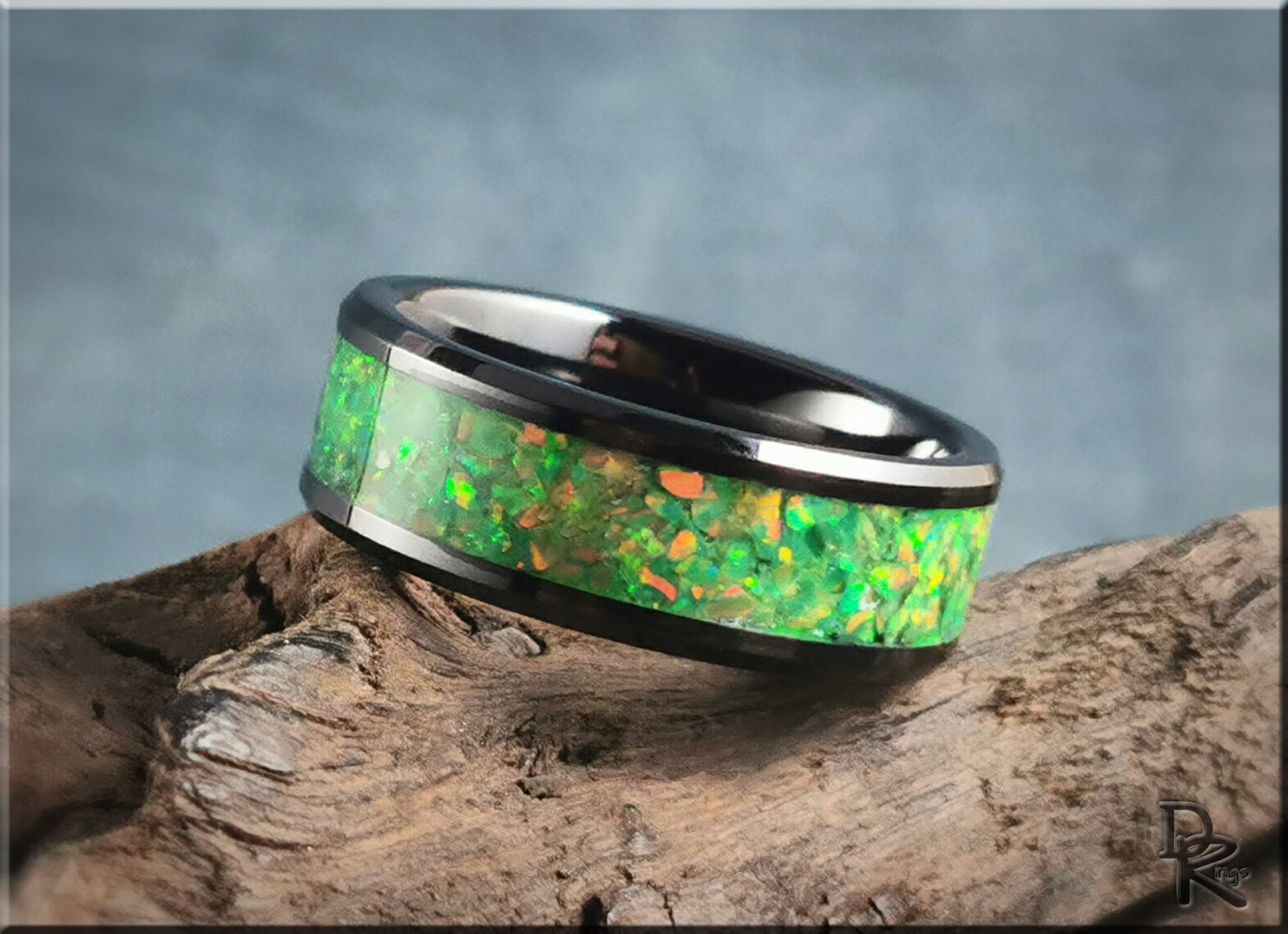 Black Ceramic Channel Ring w/Opal and Glow inlay - ceramic ring