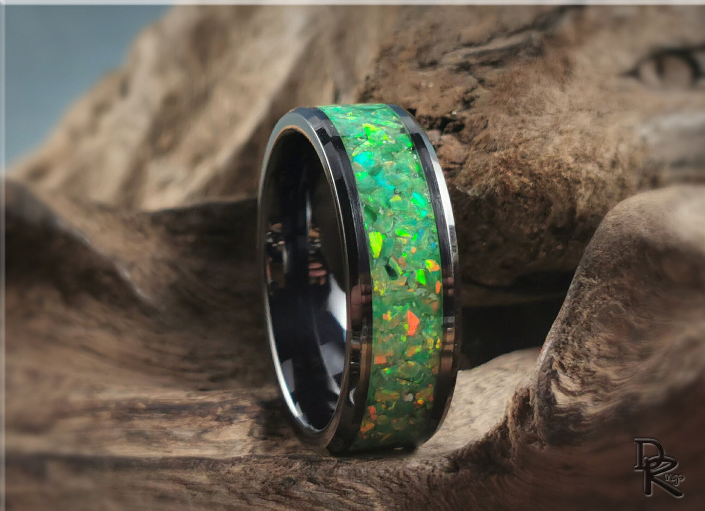 Black Ceramic Channel Ring w/Opal and Glow inlay - ceramic ring