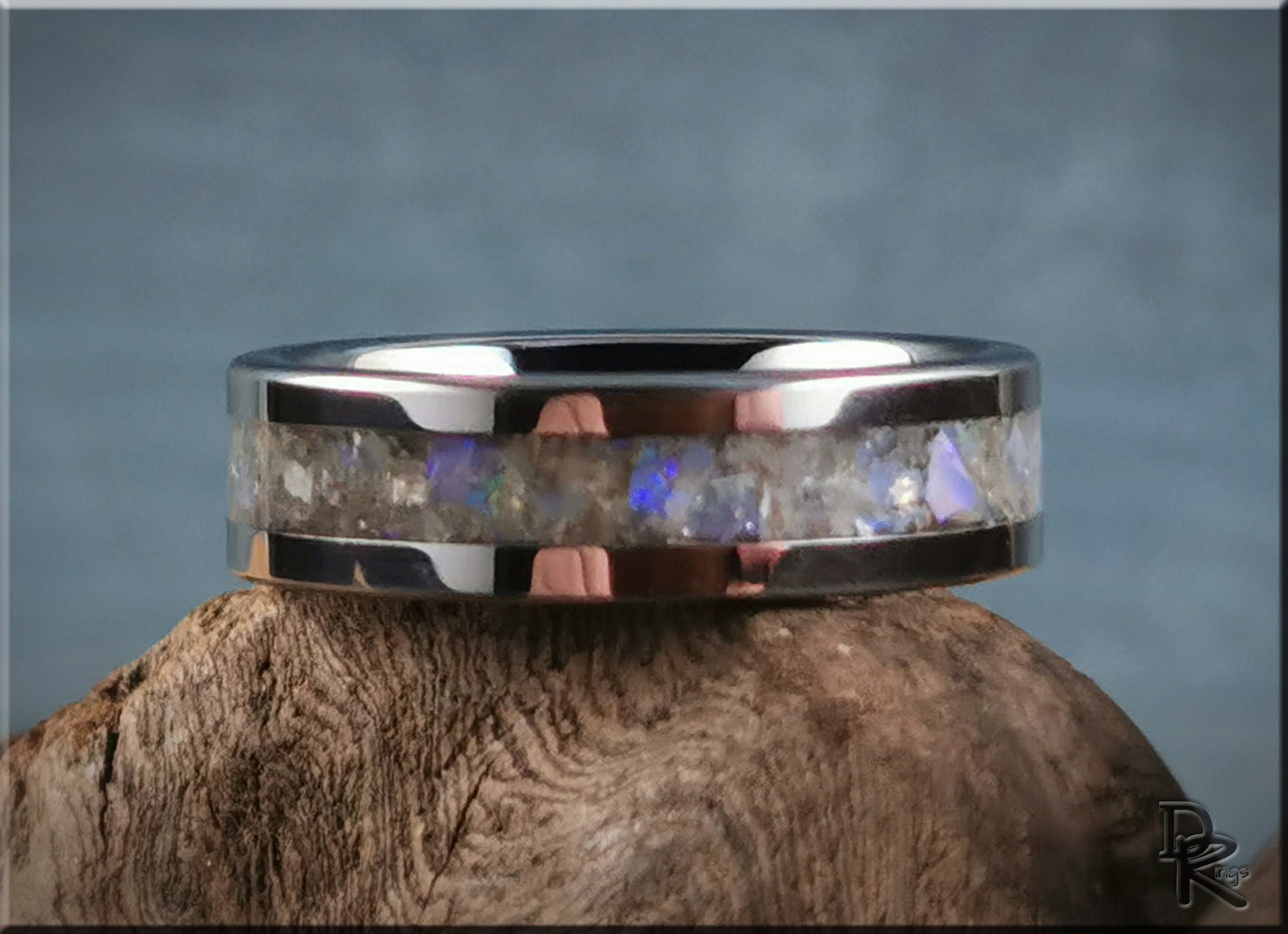Flat Edge Tungsten Carbide Channel Ring w/White Aventurine and Coober Pedy Opal inlay - metal ring
