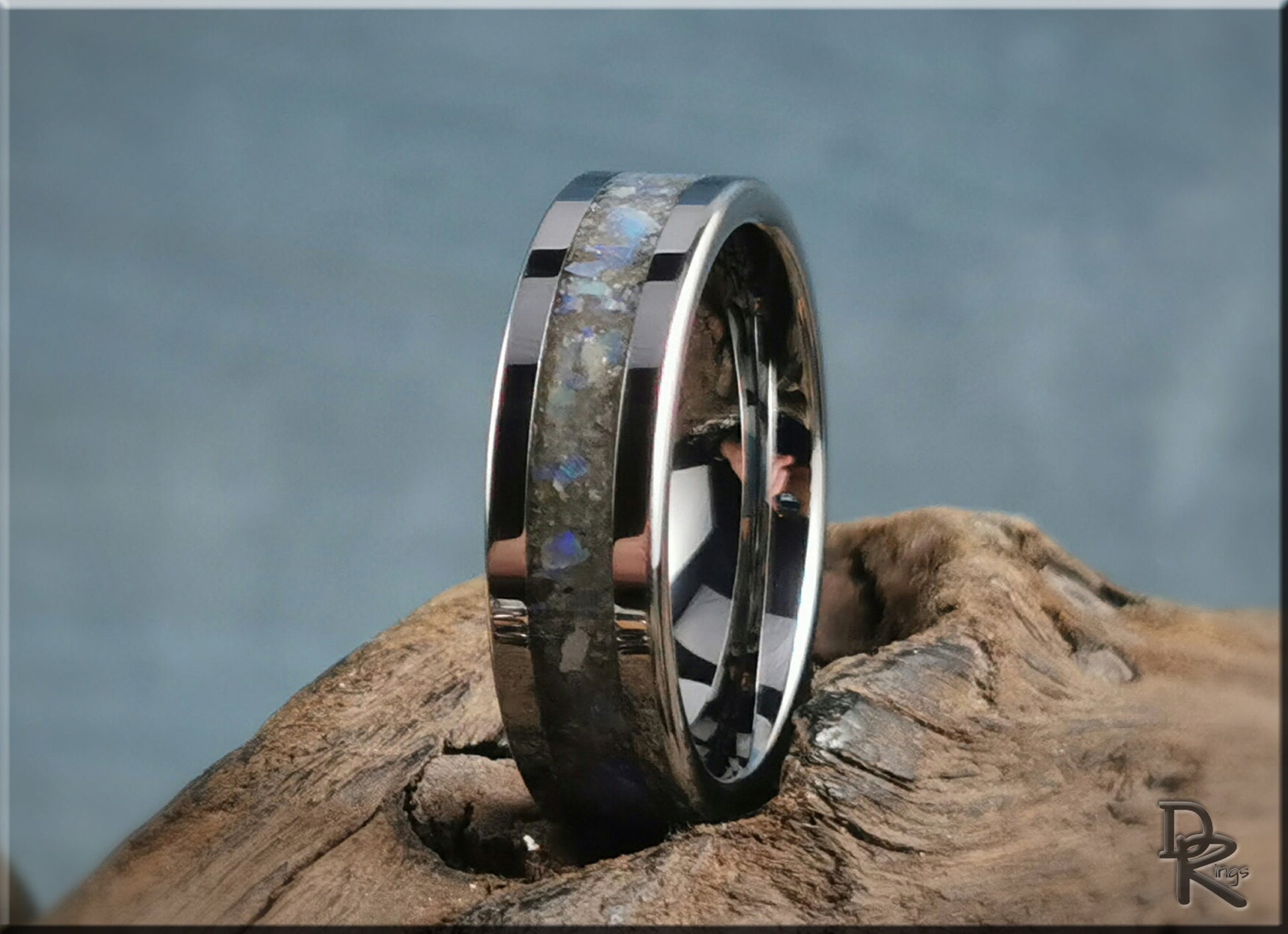 Flat Edge Tungsten Carbide Channel Ring w/White Aventurine and Coober Pedy Opal inlay - metal ring