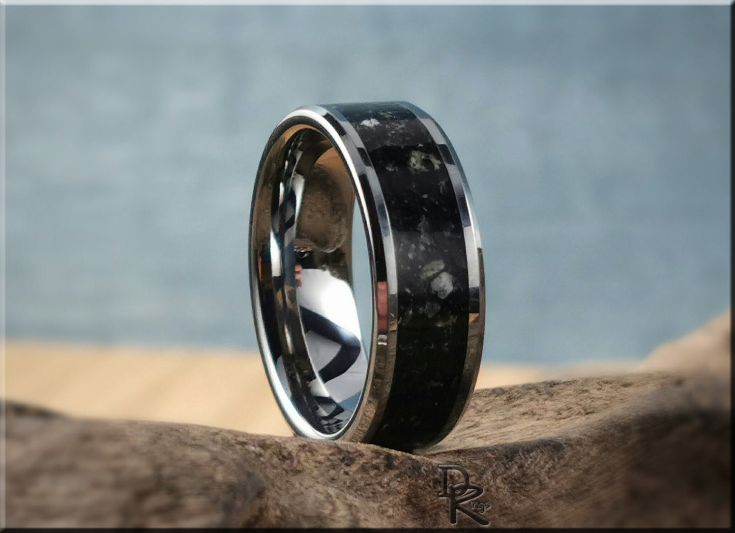 Tungsten Carbide Channel Ring w/Black Marble stone inlay - metal ring
