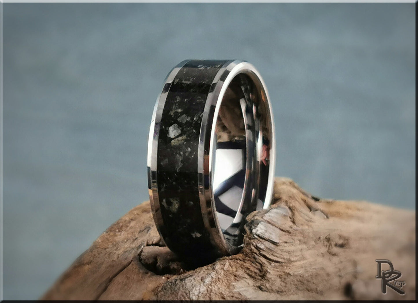 Tungsten Carbide Channel Ring w/Black Marble stone inlay - metal ring