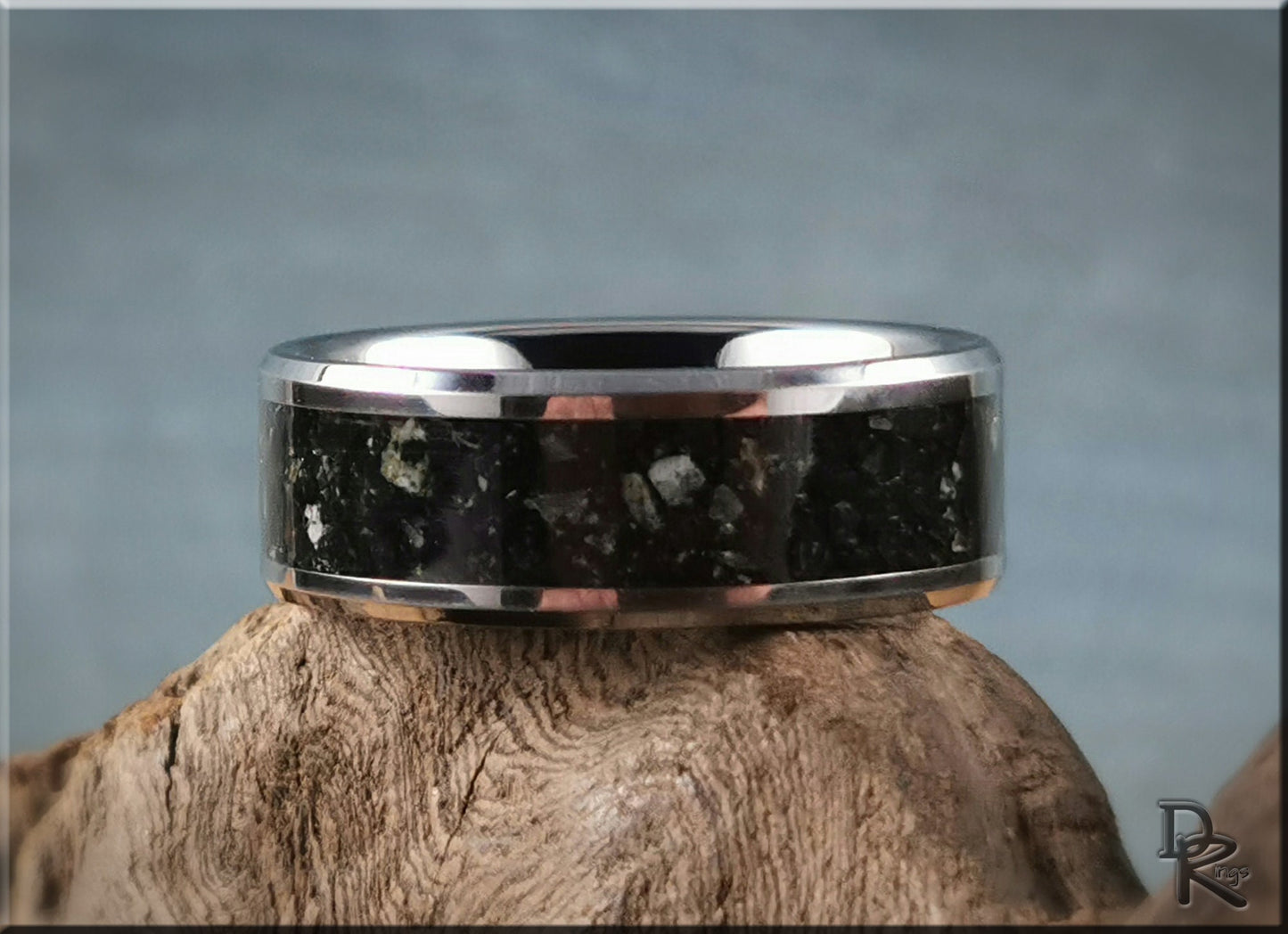 Tungsten Carbide Channel Ring w/Black Marble stone inlay - metal ring