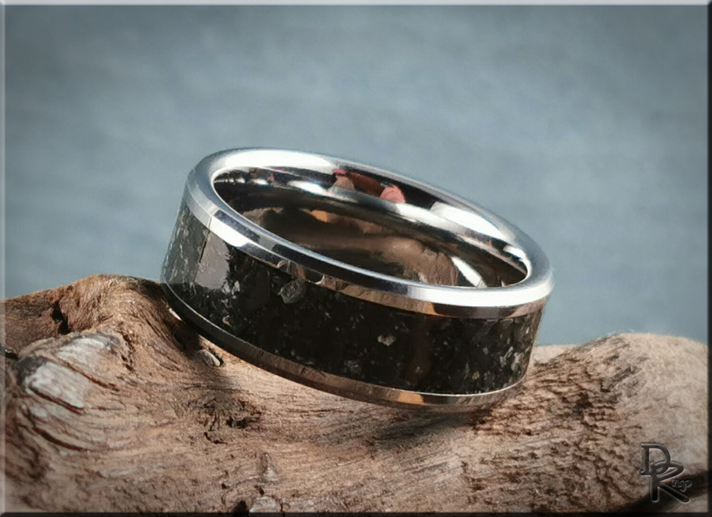 Tungsten Carbide Channel Ring w/Black Marble stone inlay - metal ring