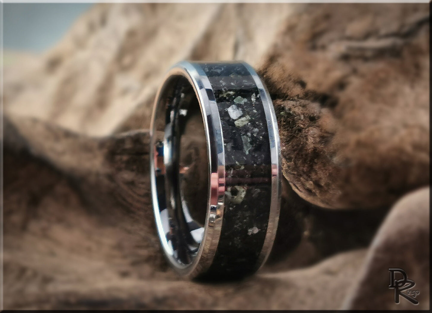 Tungsten Carbide Channel Ring w/Black Marble stone inlay - metal ring