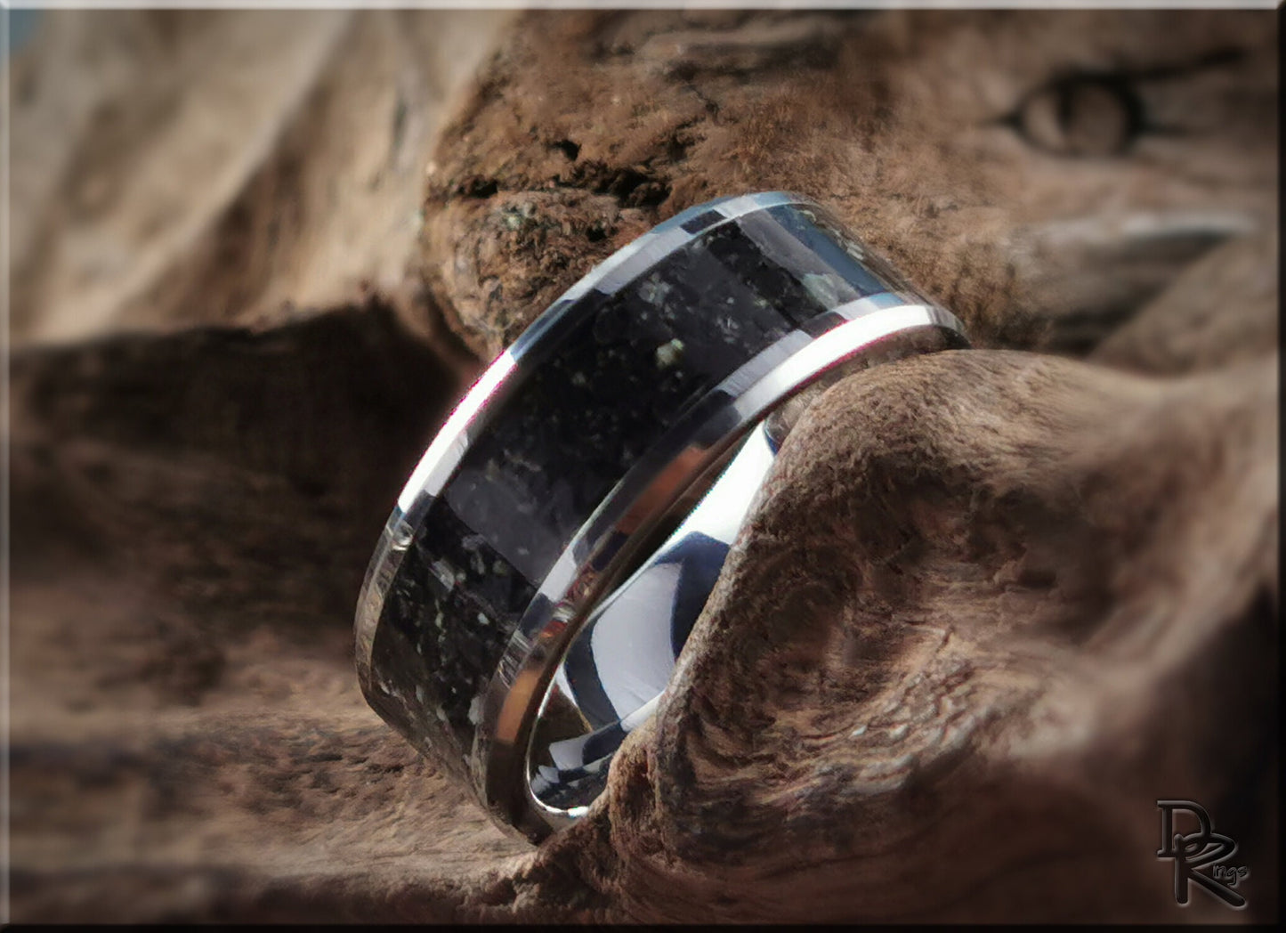 Tungsten Carbide Channel Ring w/Black Marble stone inlay - metal ring