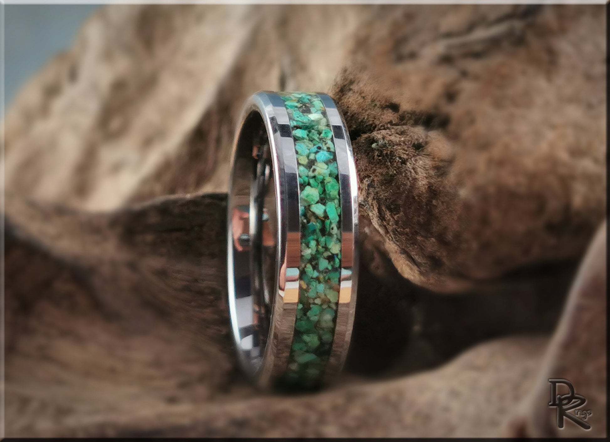 Tungsten Carbide Channel Ring w/Chrysocolla Stone inlay - metal ring