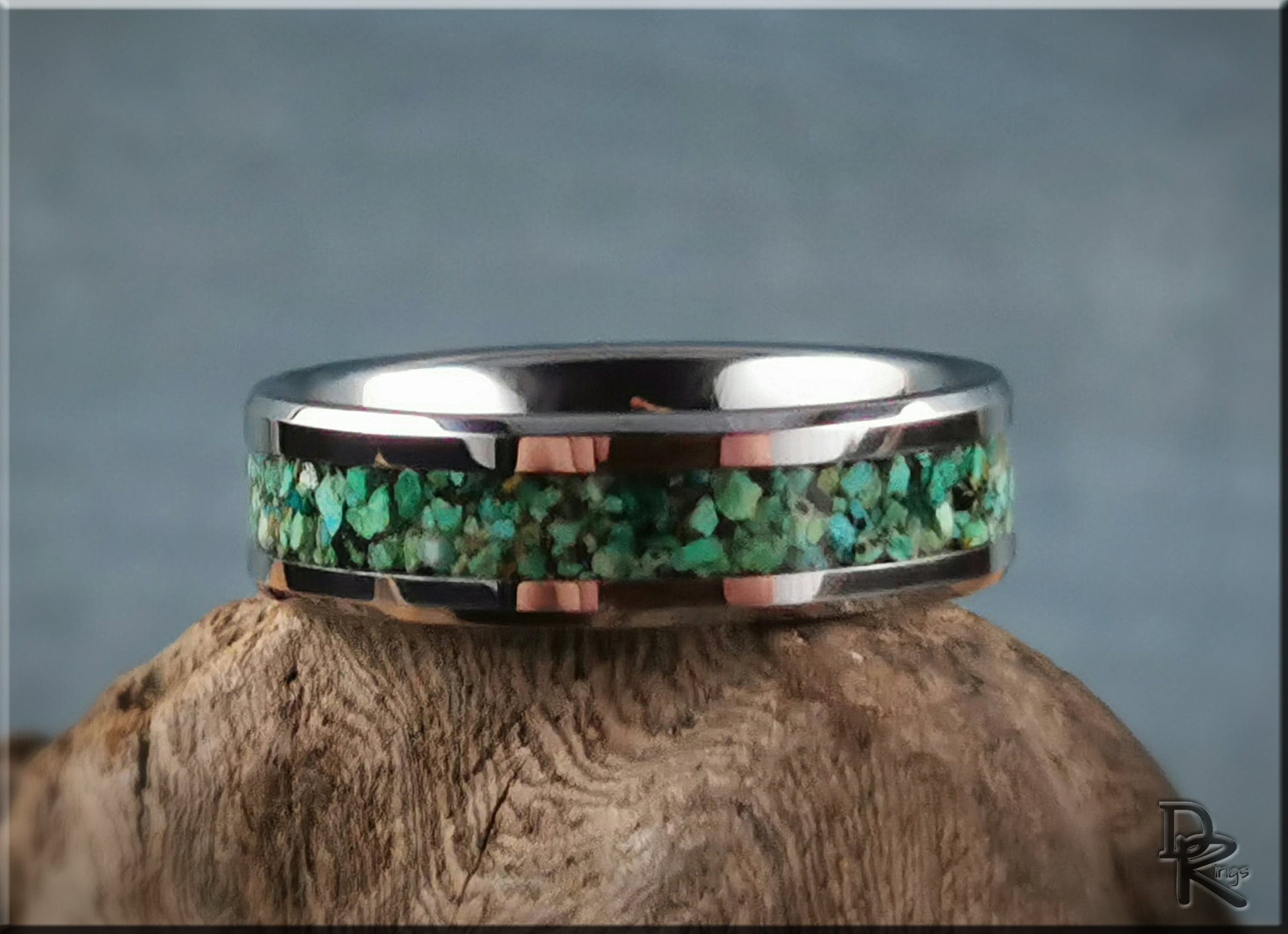 Tungsten Carbide Channel Ring w/Chrysocolla Stone inlay - metal ring