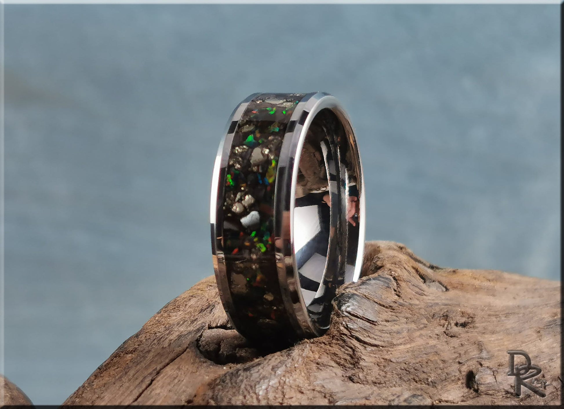 Tungsten Carbide Channel Ring w/Cocada Pyrite, Hematite, and Opal inlay - metal ring