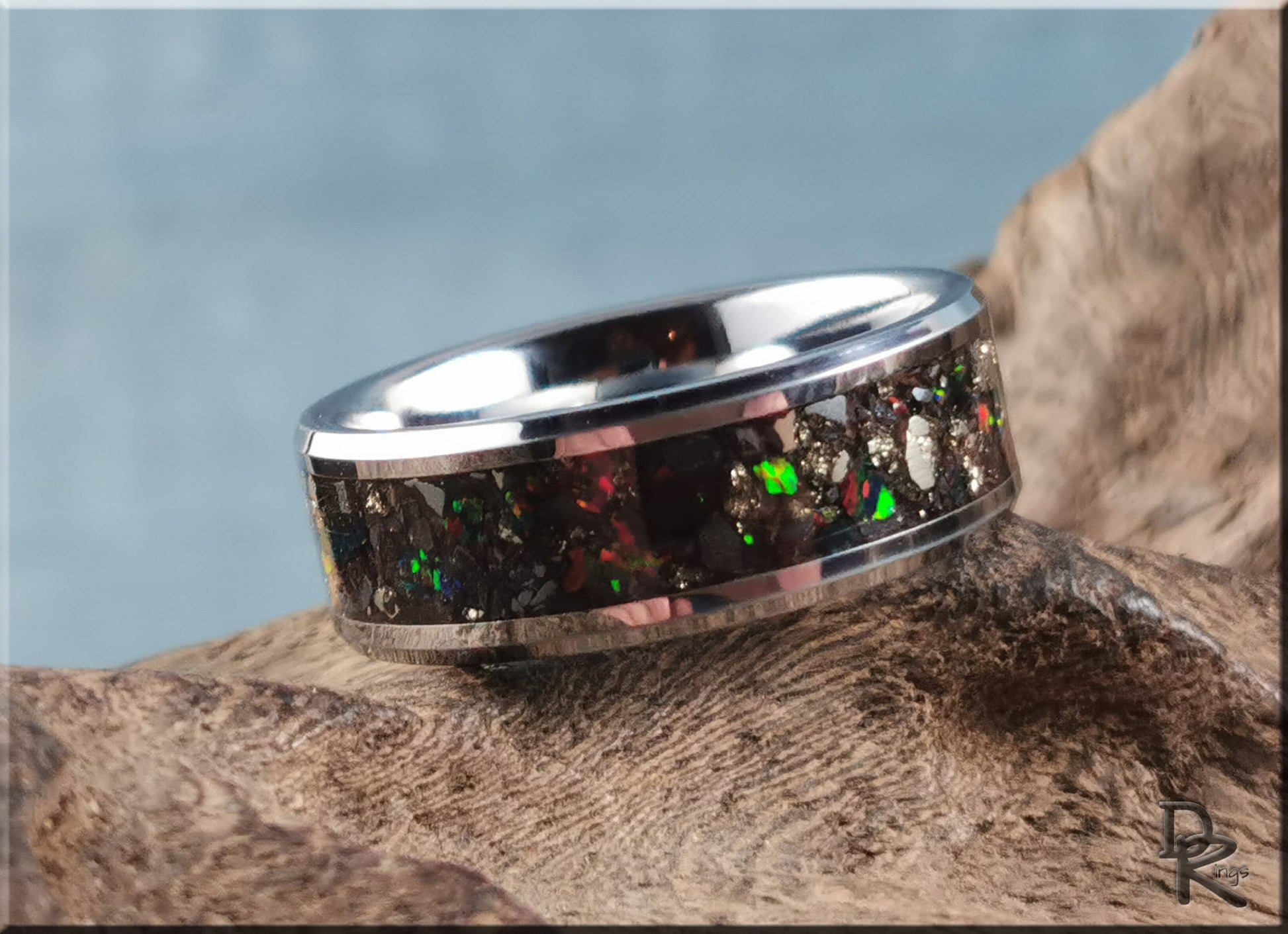 Tungsten Carbide Channel Ring w/Cocada Pyrite, Hematite, and Opal inlay - metal ring