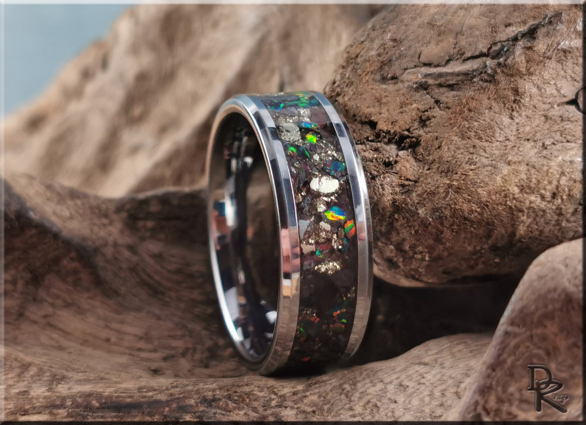 Tungsten Carbide Channel Ring w/Cocada Pyrite, Hematite, and Opal inlay - metal ring