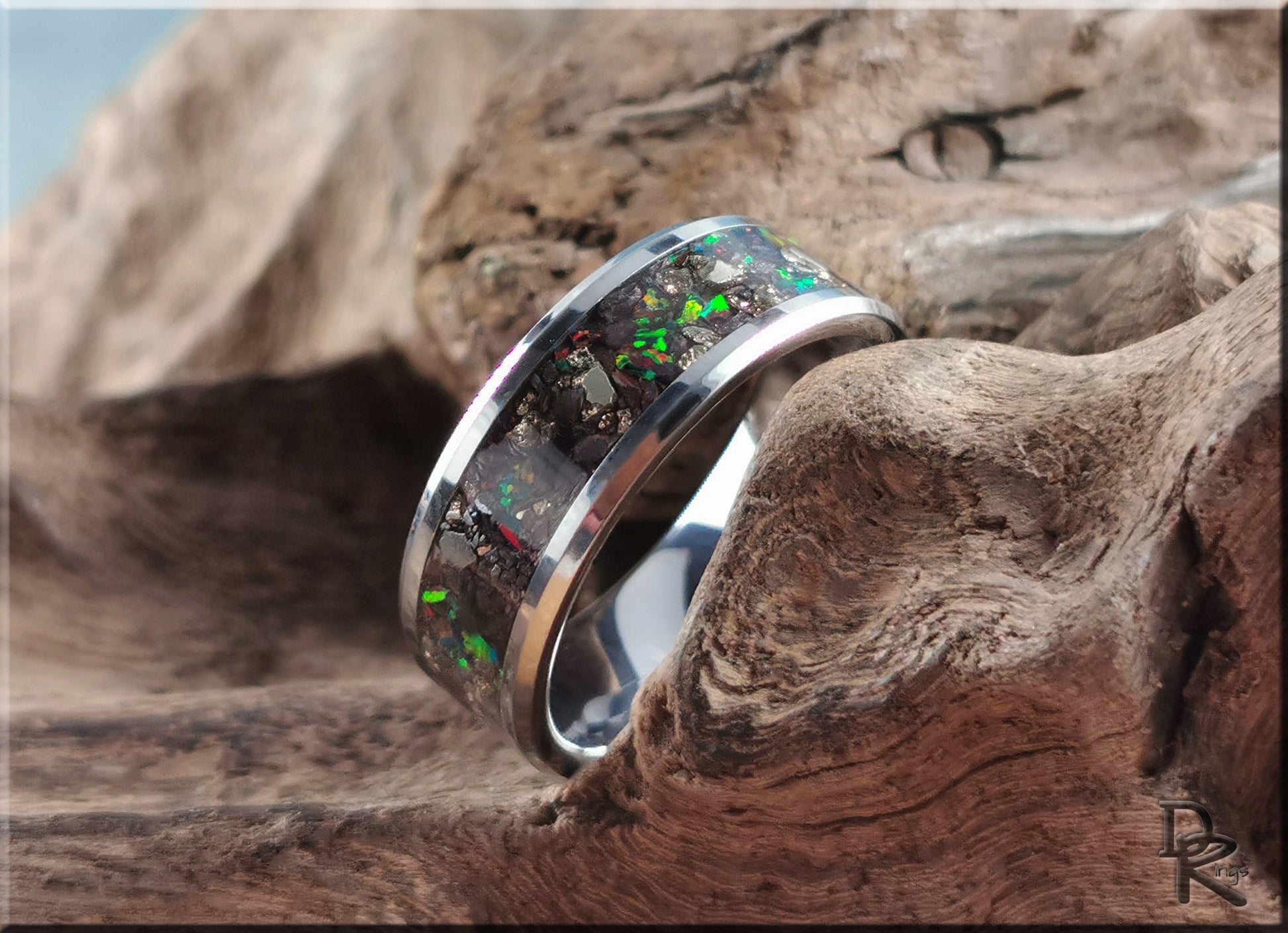 Tungsten Carbide Channel Ring w/Cocada Pyrite, Hematite, and Opal inlay - metal ring