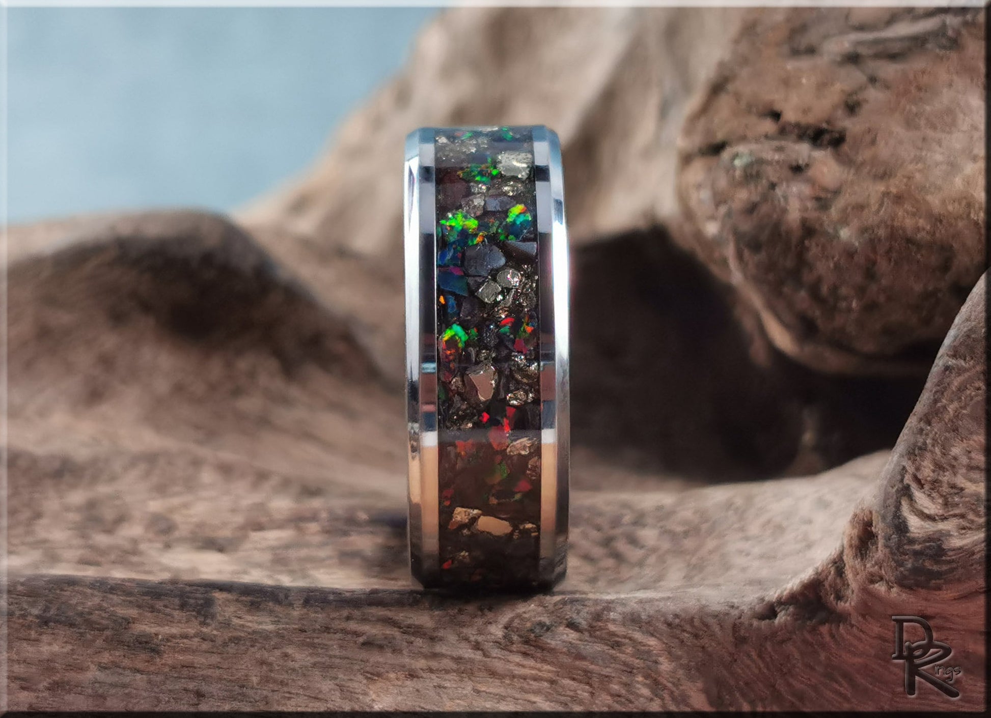 Tungsten Carbide Channel Ring w/Cocada Pyrite, Hematite, and Opal inlay - metal ring