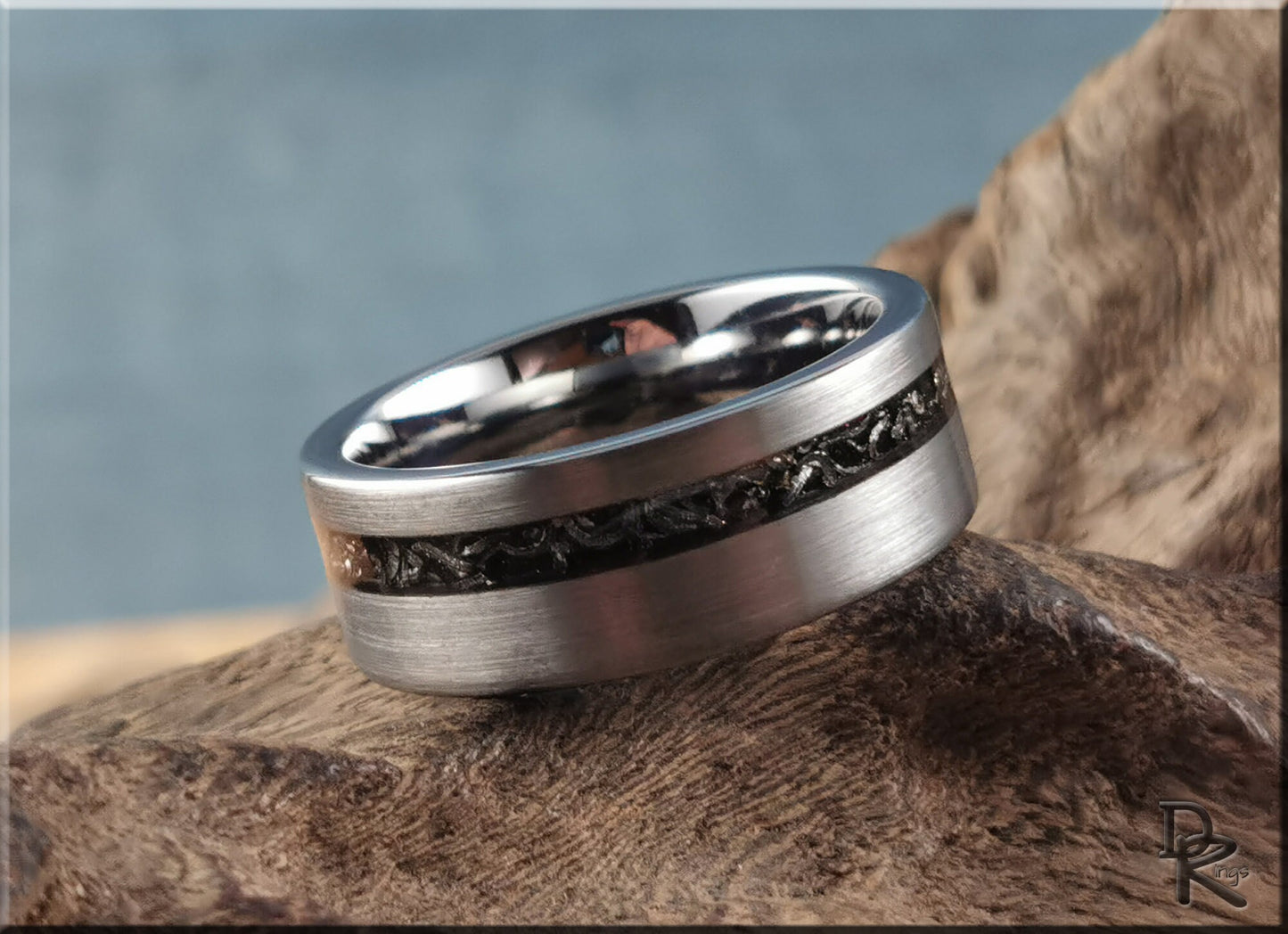 Brushed Tungsten Carbide Channel Ring w/offset Meteorite inlay - metal ring