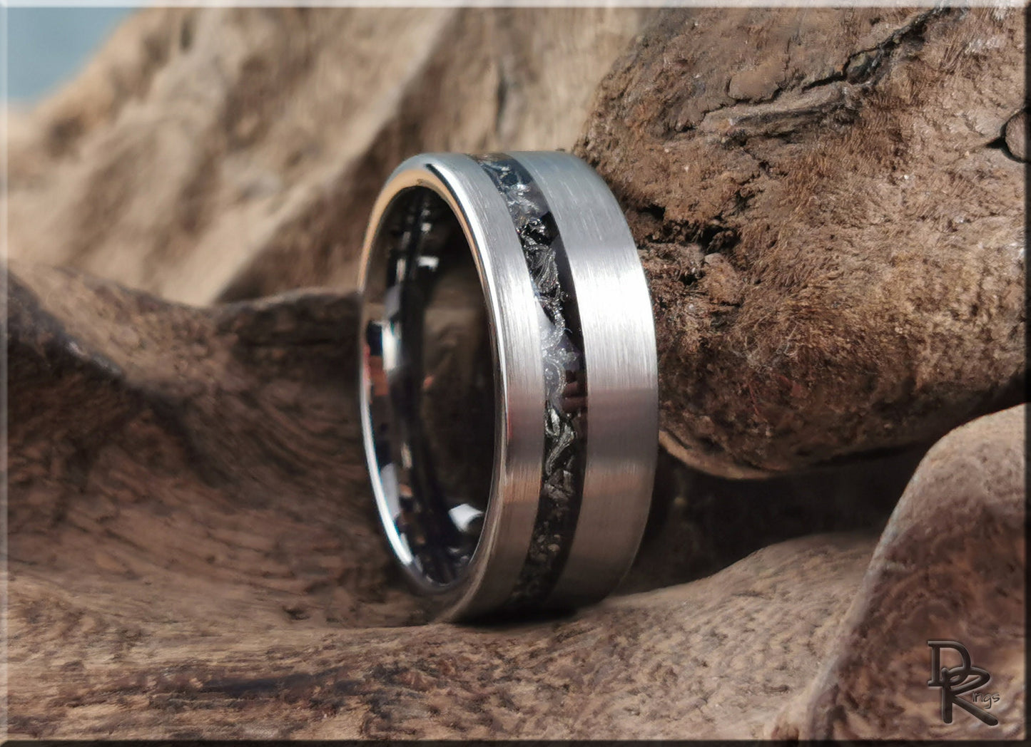 Brushed Tungsten Carbide Channel Ring w/offset Meteorite inlay - metal ring