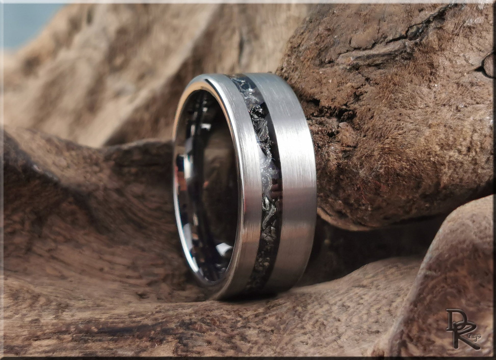 Brushed Tungsten Carbide Channel Ring w/offset Meteorite inlay - metal ring