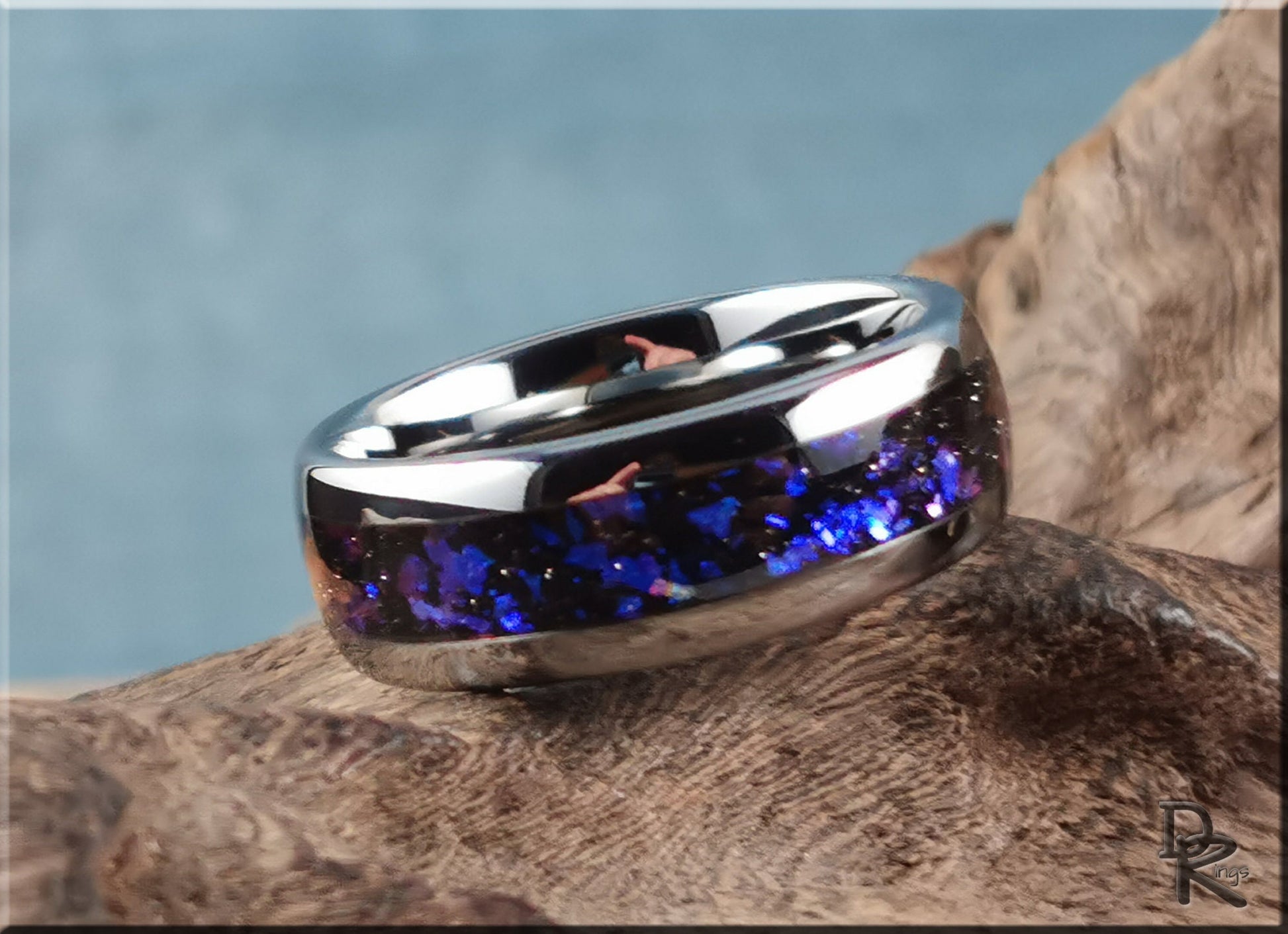 Polished 8mm Tungsten Carbide Channel Ring w/Celestial Sandstone inlay - tungsten ring