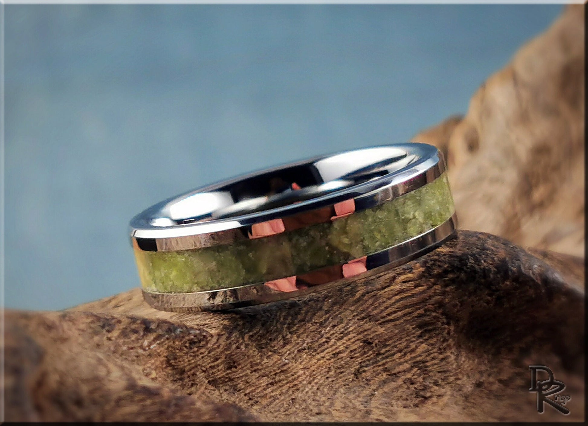 Tungsten Carbide Channel Ring w/Gem Grade Idocrase Stone inlay - metal ring