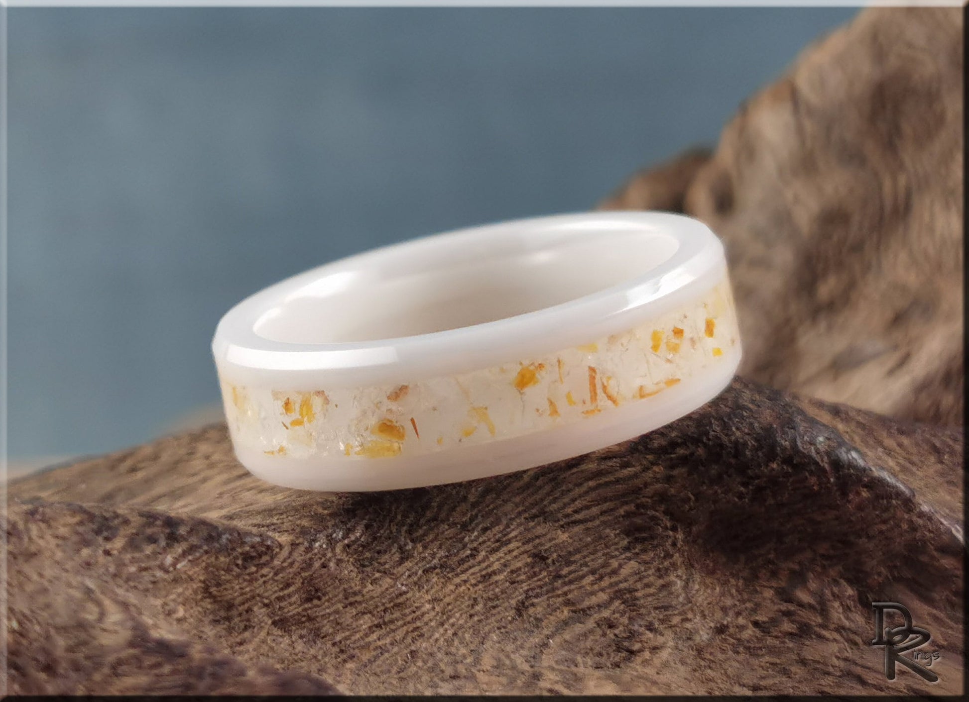 Polished White Ceramic Channel Ring w/Golden Healer Quartz inlay - ceramic ring