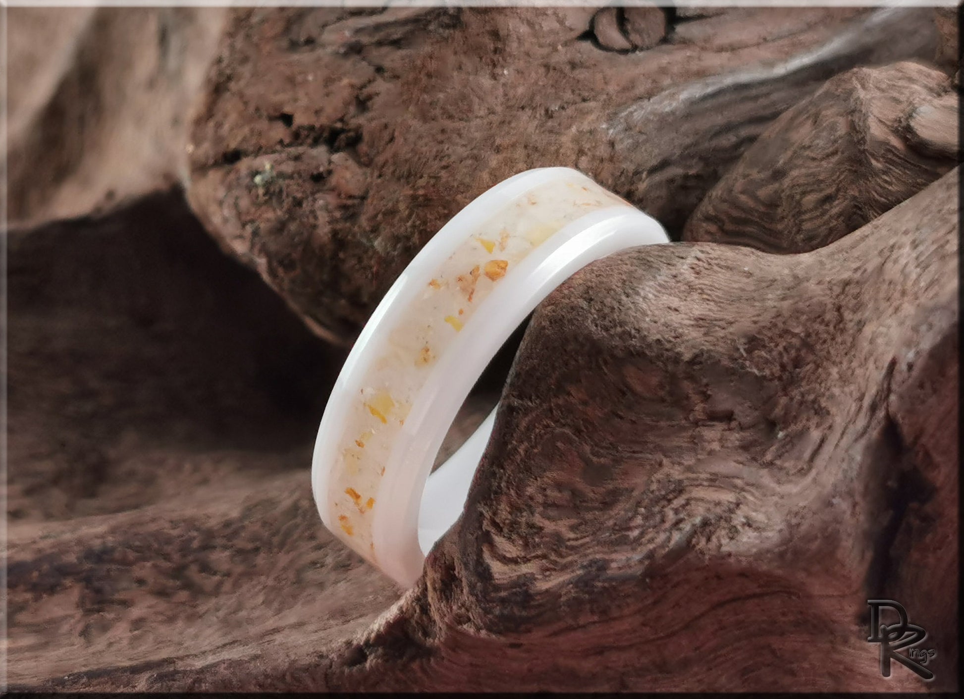 Polished White Ceramic Channel Ring w/Golden Healer Quartz inlay - ceramic ring