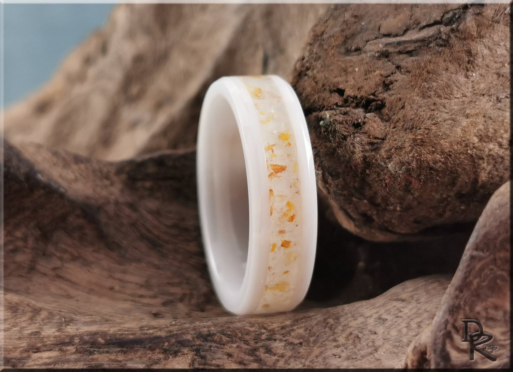 Polished White Ceramic Channel Ring w/Golden Healer Quartz inlay - ceramic ring