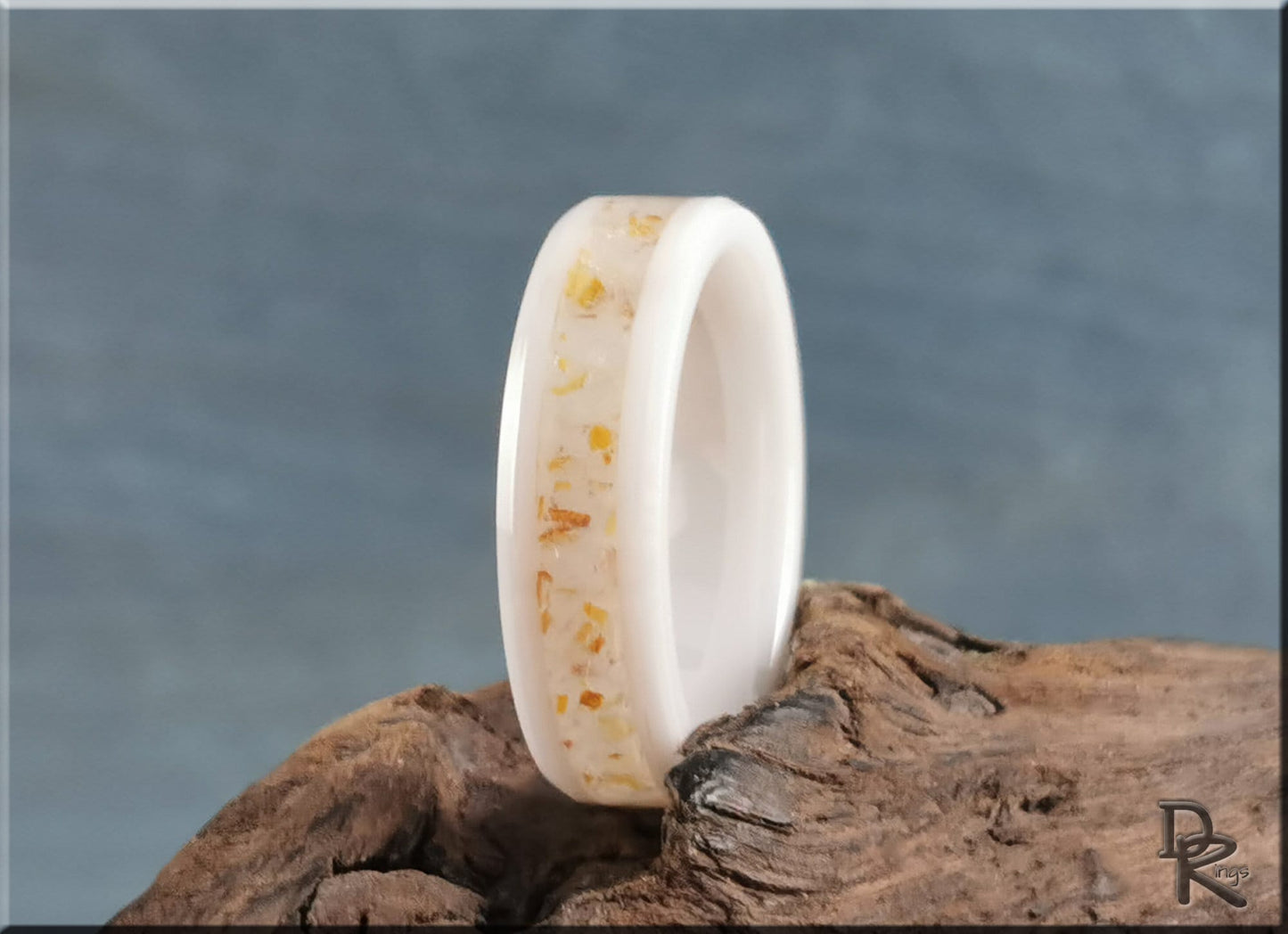Polished White Ceramic Channel Ring w/Golden Healer Quartz inlay - ceramic ring