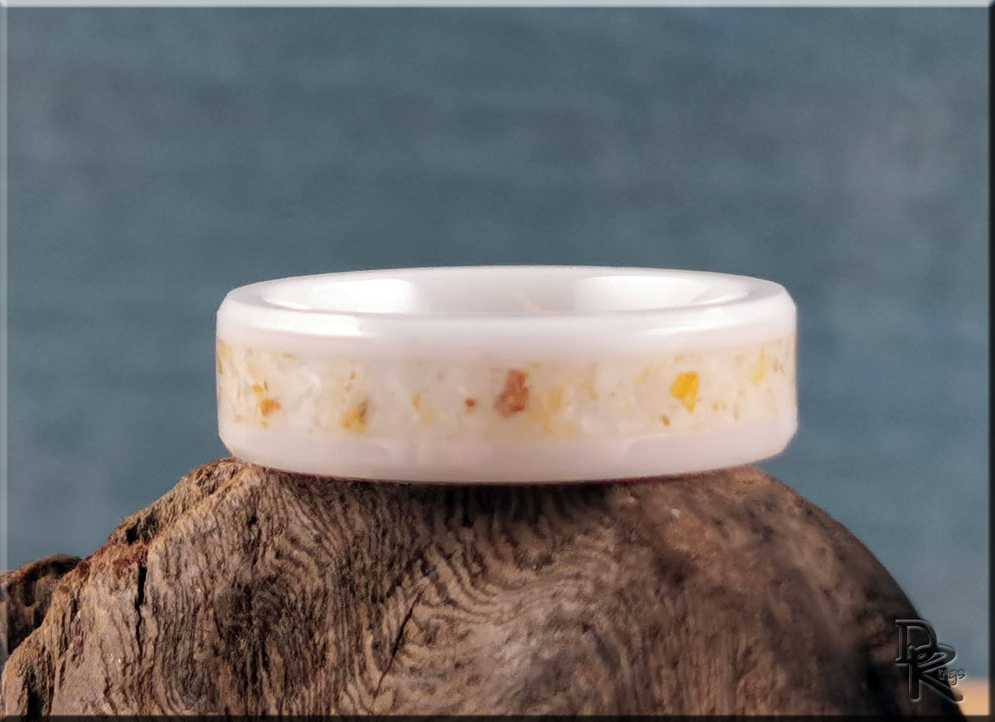 Polished White Ceramic Channel Ring w/Golden Healer Quartz inlay - ceramic ring