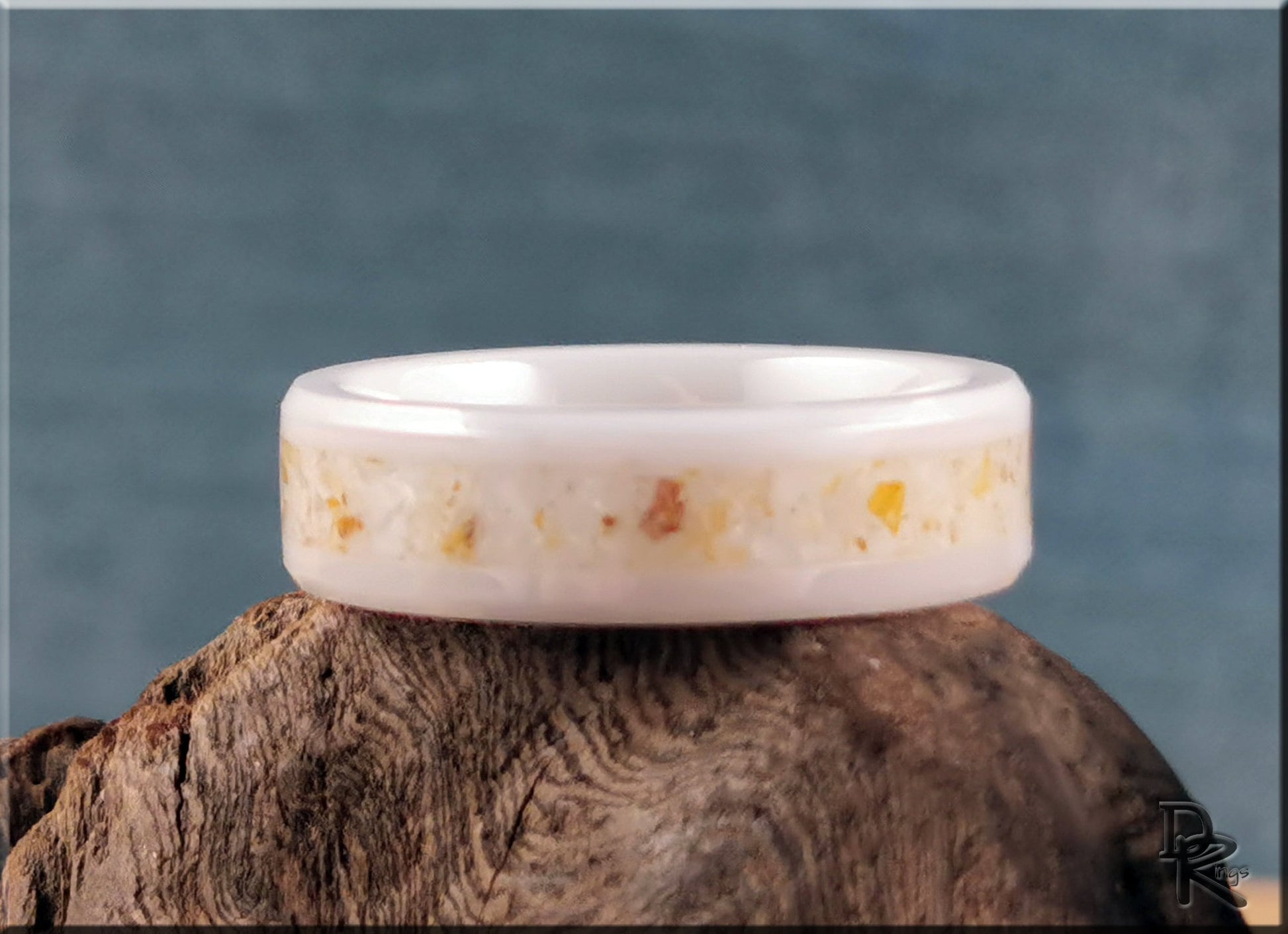Polished White Ceramic Channel Ring w/Golden Healer Quartz inlay - ceramic ring