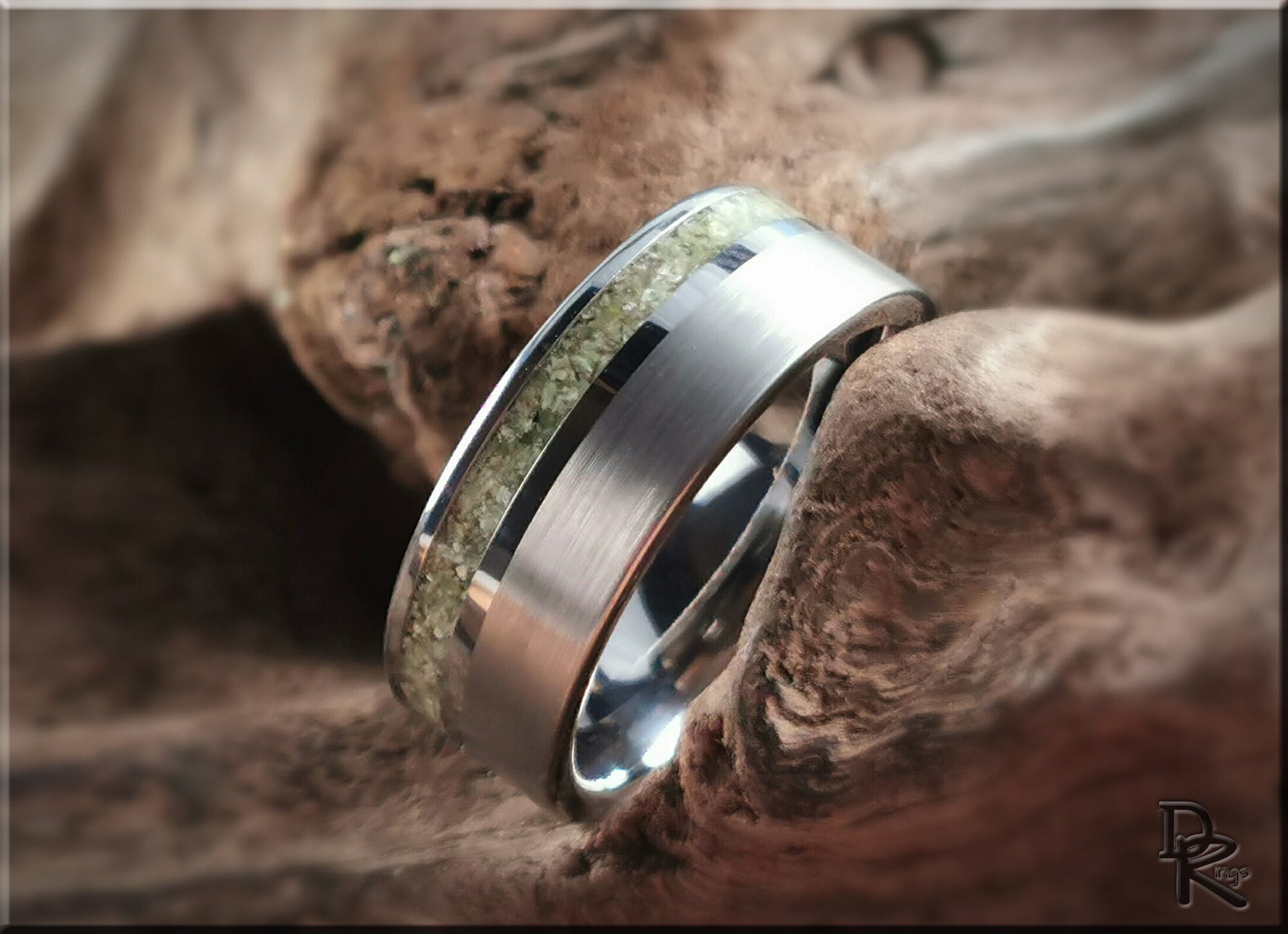 Tungsten Carbide Channel Ring w/offset Nephrite Jade Stone inlay - metal ring