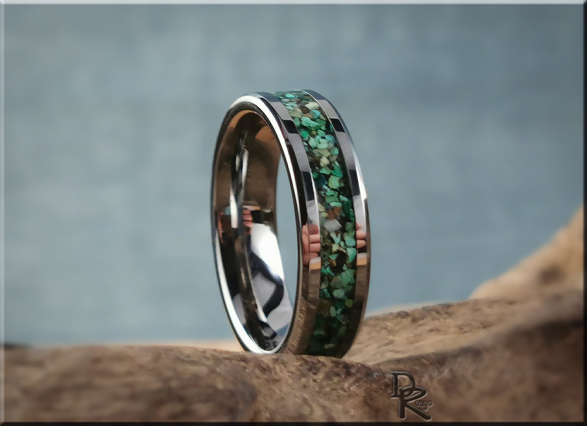 Tungsten Carbide Channel Ring w/Chrysocolla Stone inlay - metal ring