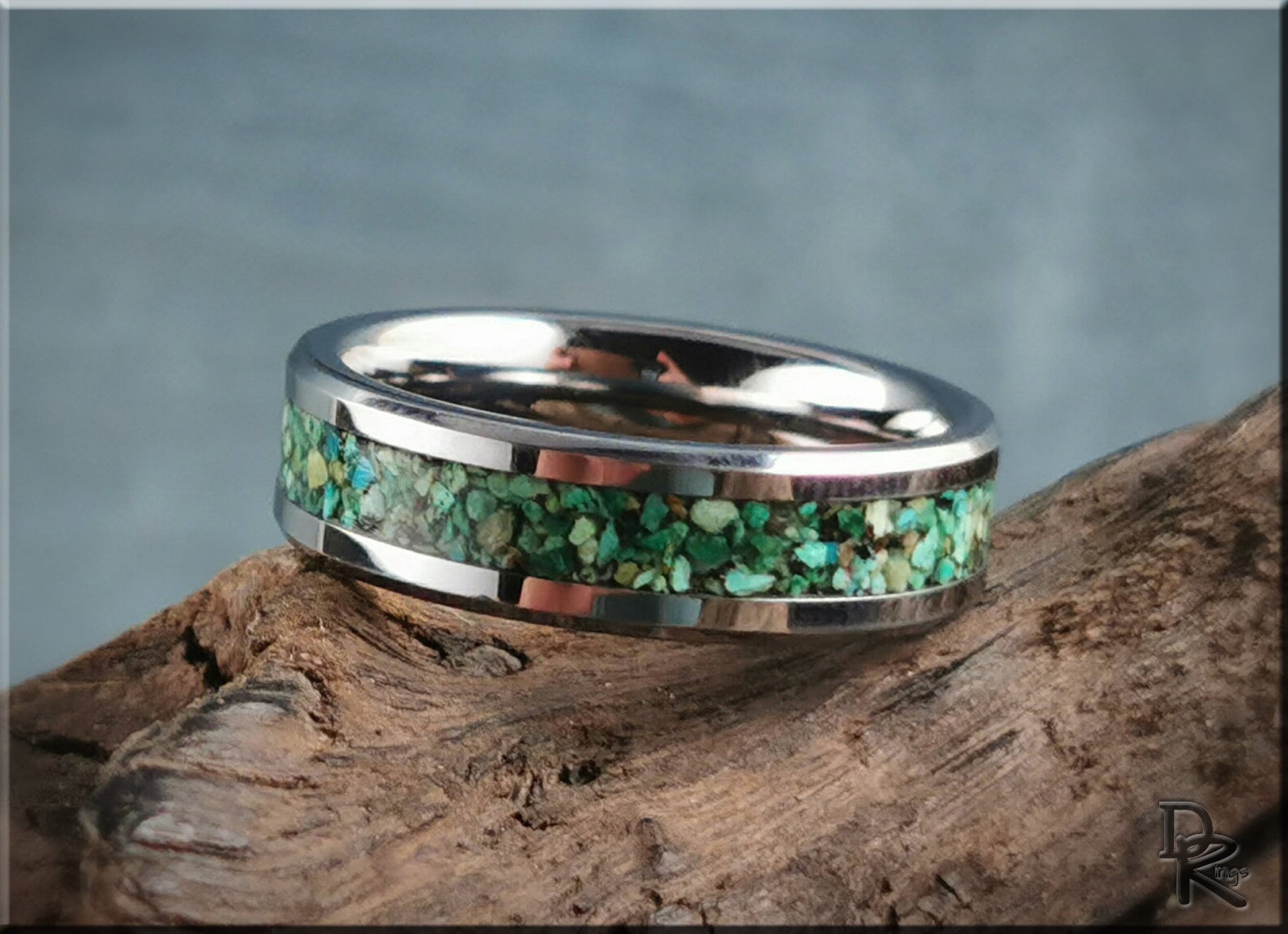 Tungsten Carbide Channel Ring w/Chrysocolla Stone inlay - metal ring