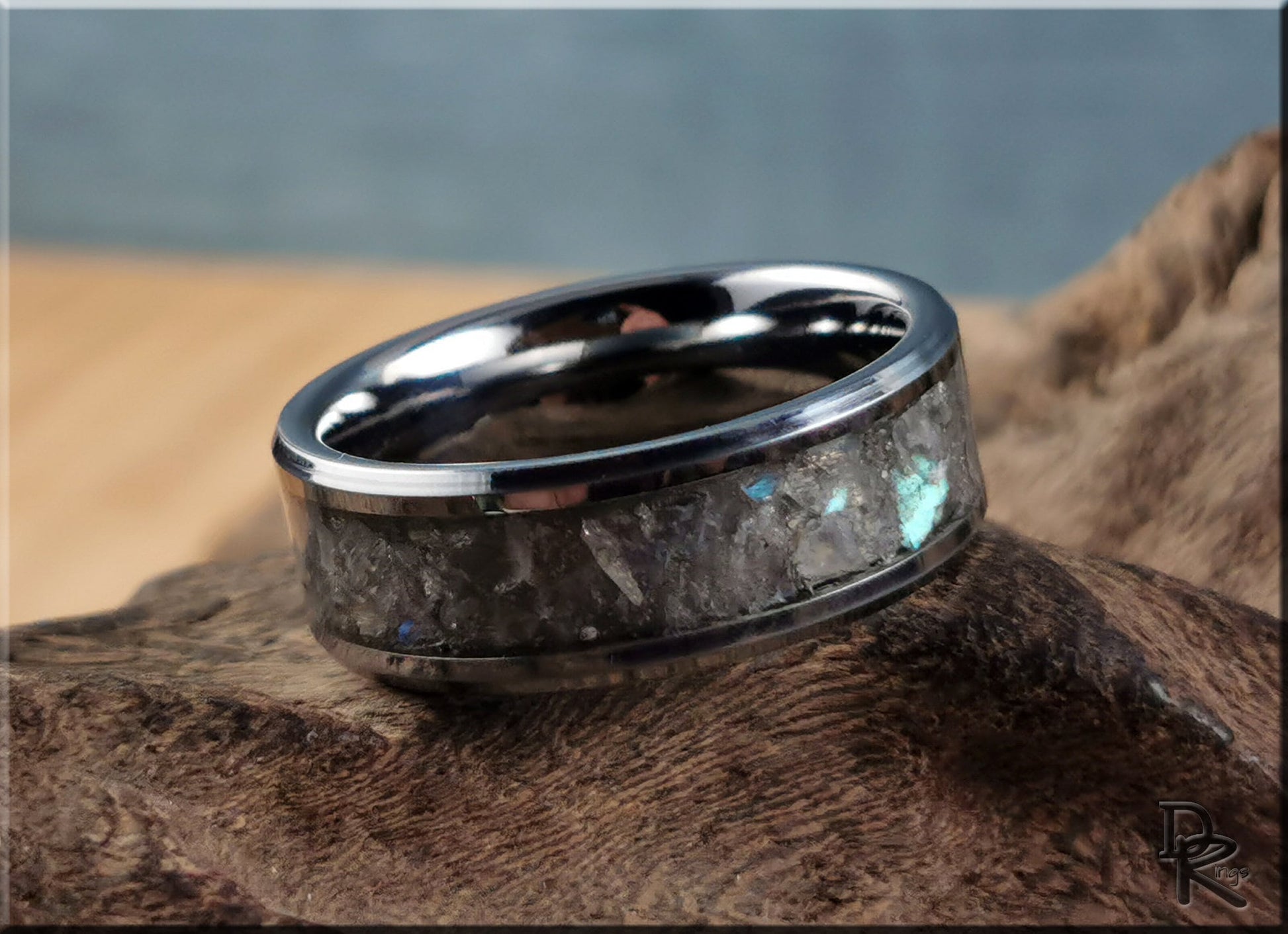 Polished Tungsten Carbide Channel Ring w/Labradorite stone inlay - ceramic ring