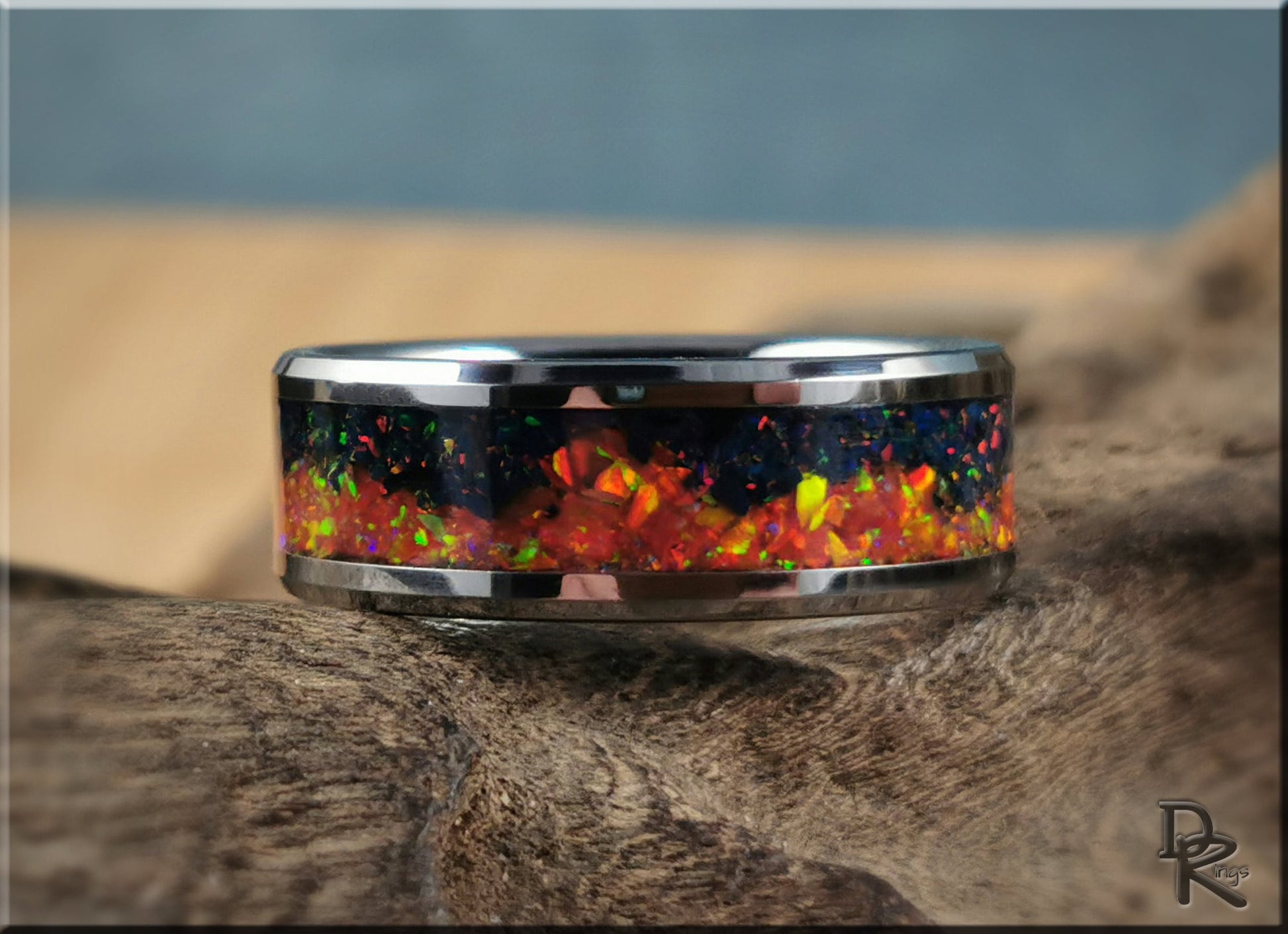 Tungsten Carbide Channel Ring w/Nebula opal inlay - metal ring