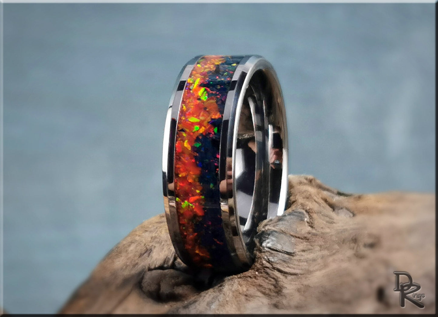 Tungsten Carbide Channel Ring w/Nebula opal inlay - metal ring