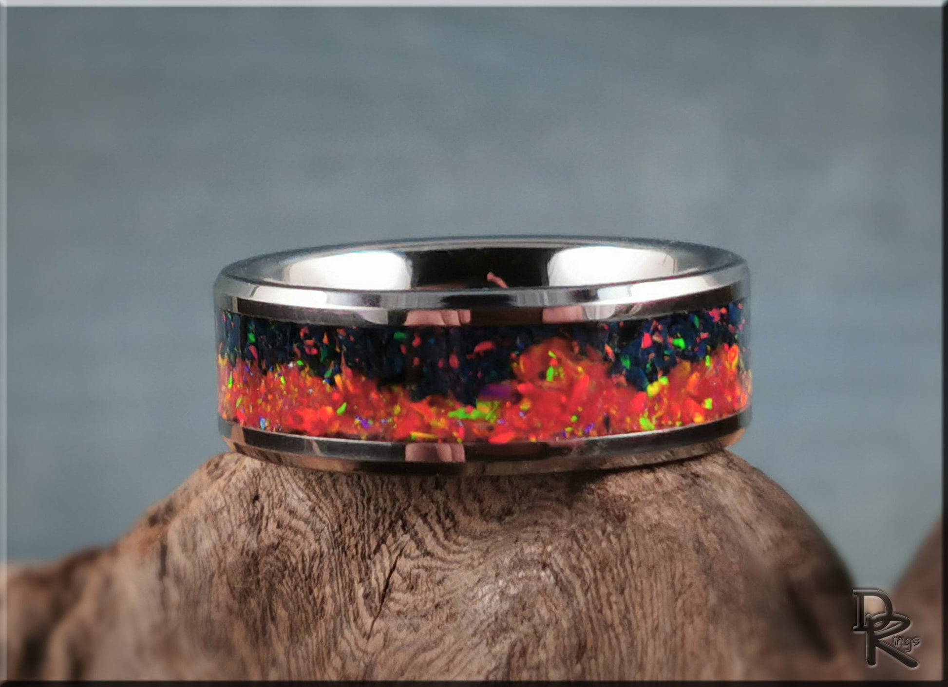Tungsten Carbide Channel Ring w/Nebula opal inlay - metal ring