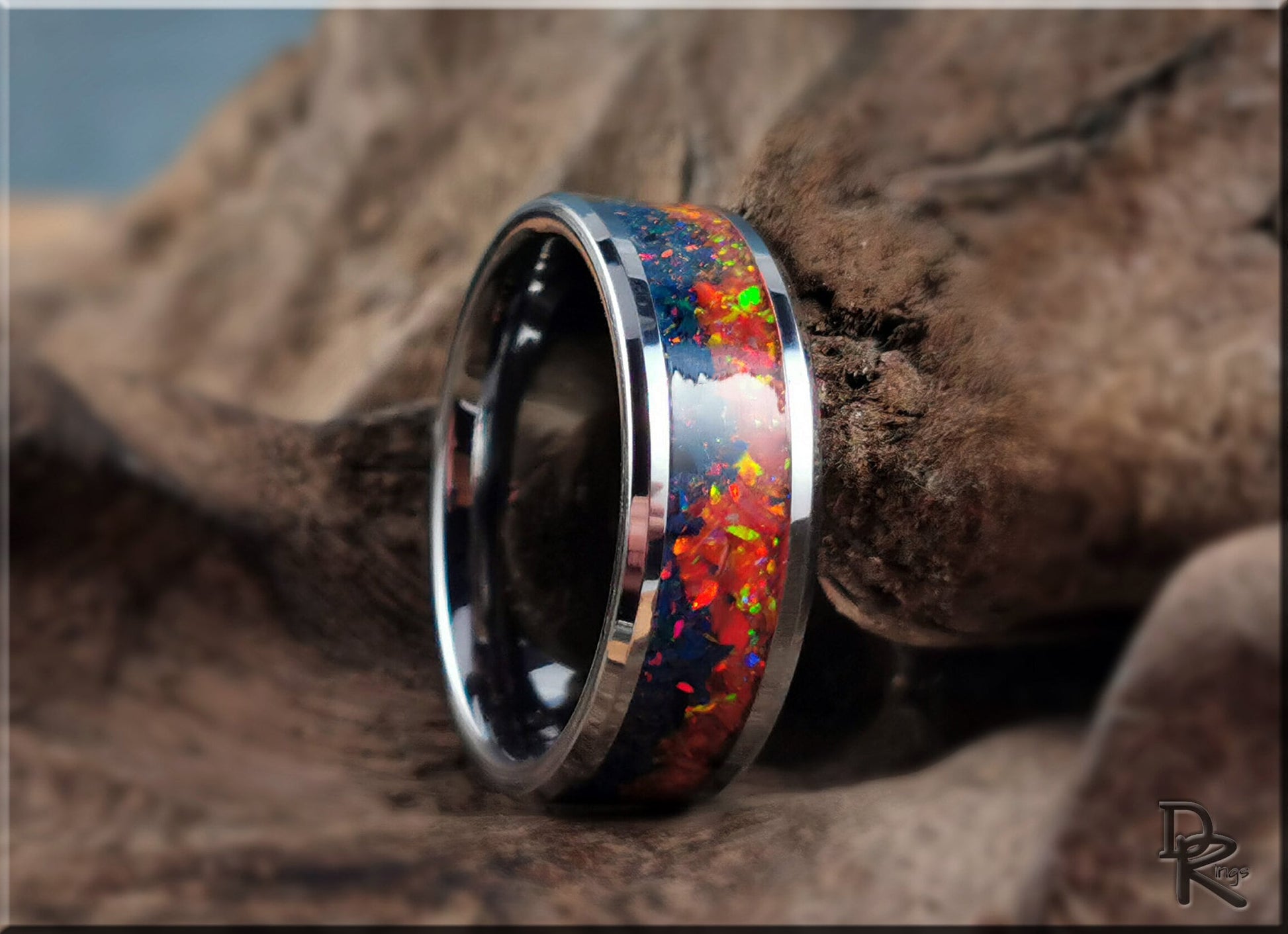 Tungsten Carbide Channel Ring w/Nebula opal inlay - metal ring