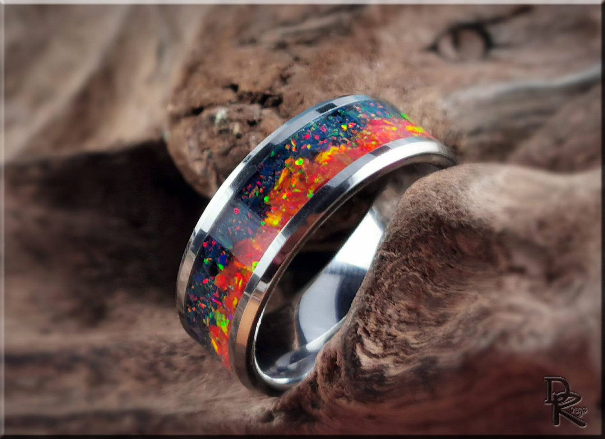 Tungsten Carbide Channel Ring w/Nebula opal inlay - metal ring