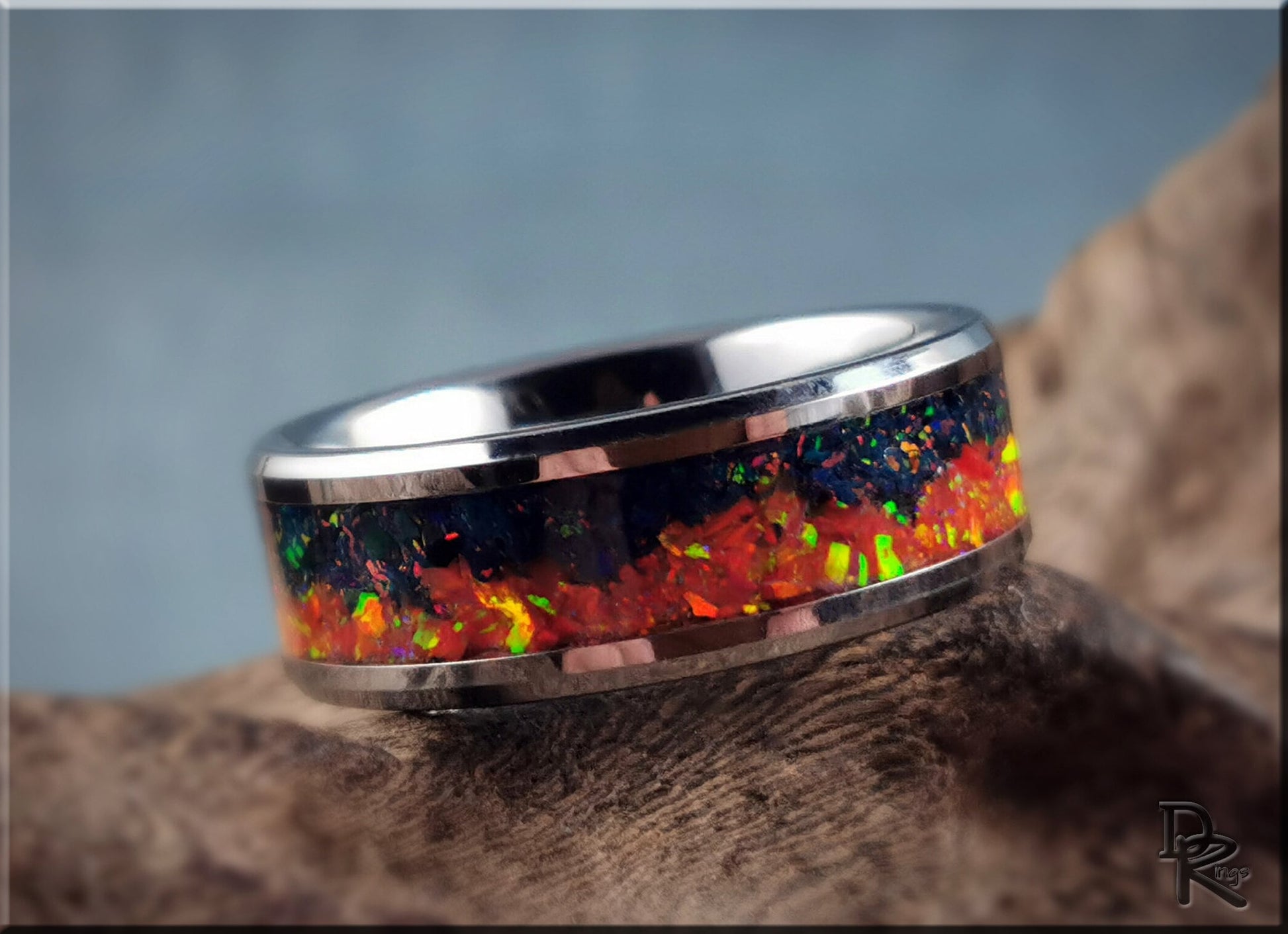Tungsten Carbide Channel Ring w/Nebula opal inlay - metal ring