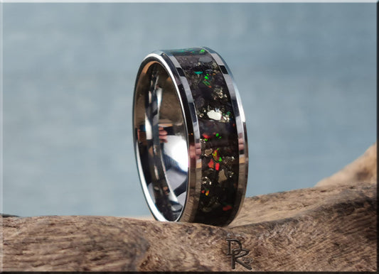 Tungsten Carbide Channel Ring w/Cocada Pyrite, Hematite, and Opal inlay - metal ring