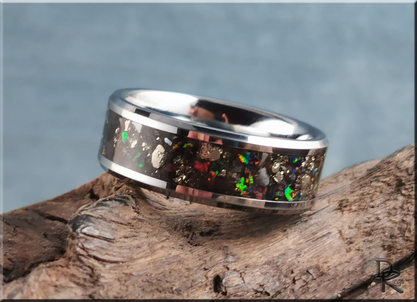 Tungsten Carbide Channel Ring w/Cocada Pyrite, Hematite, and Opal inlay - metal ring