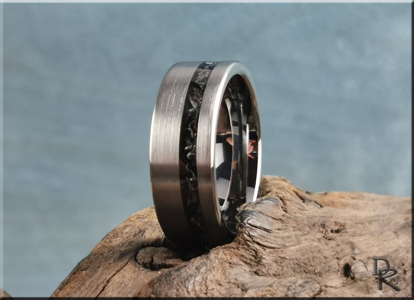Brushed Tungsten Carbide Channel Ring w/offset Meteorite inlay - metal ring