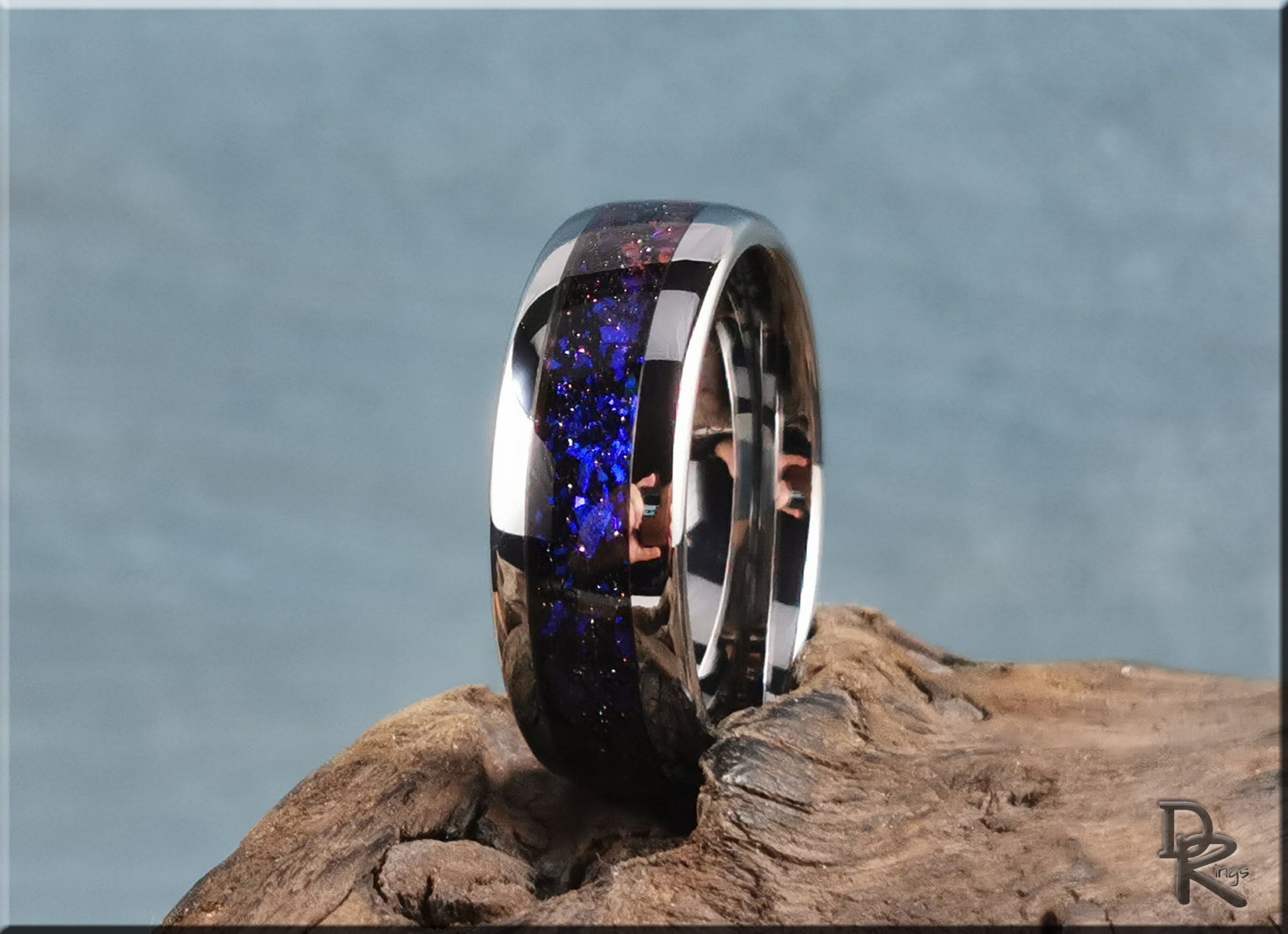 Polished 8mm Tungsten Carbide Channel Ring w/Celestial Sandstone inlay - tungsten ring