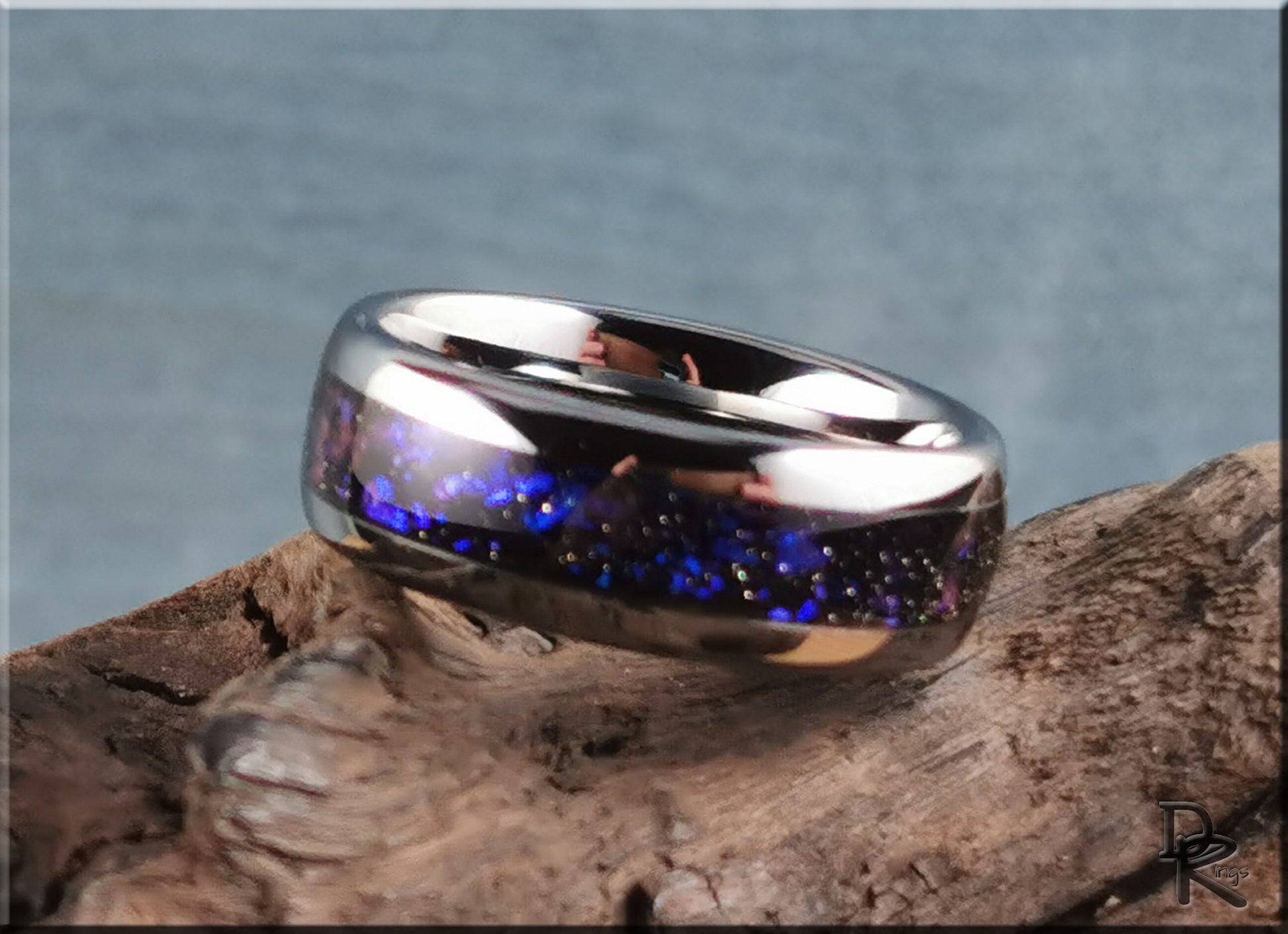 Polished 8mm Tungsten Carbide Channel Ring w/Celestial Sandstone inlay - tungsten ring