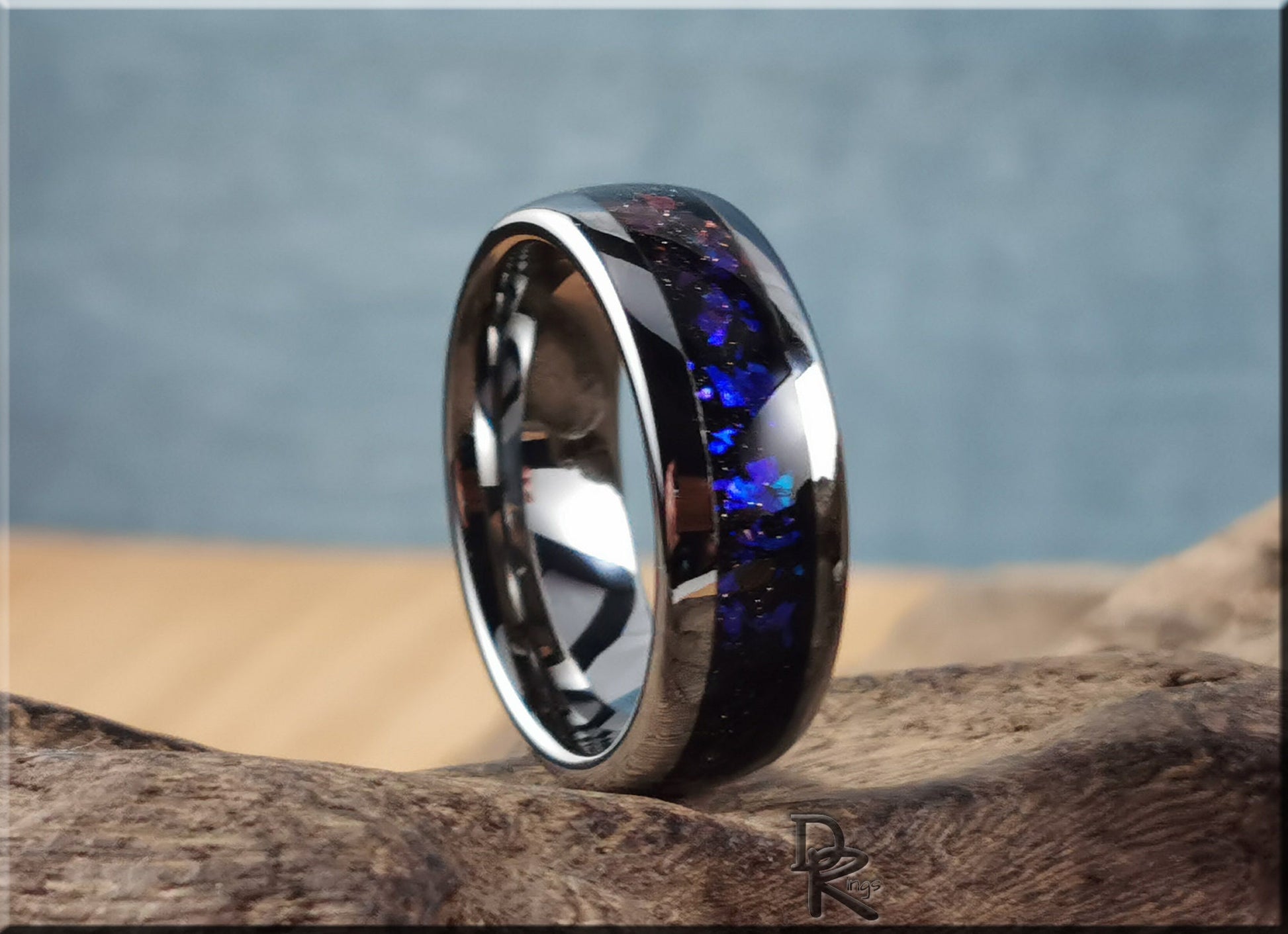 Polished 8mm Tungsten Carbide Channel Ring w/Celestial Sandstone inlay - tungsten ring