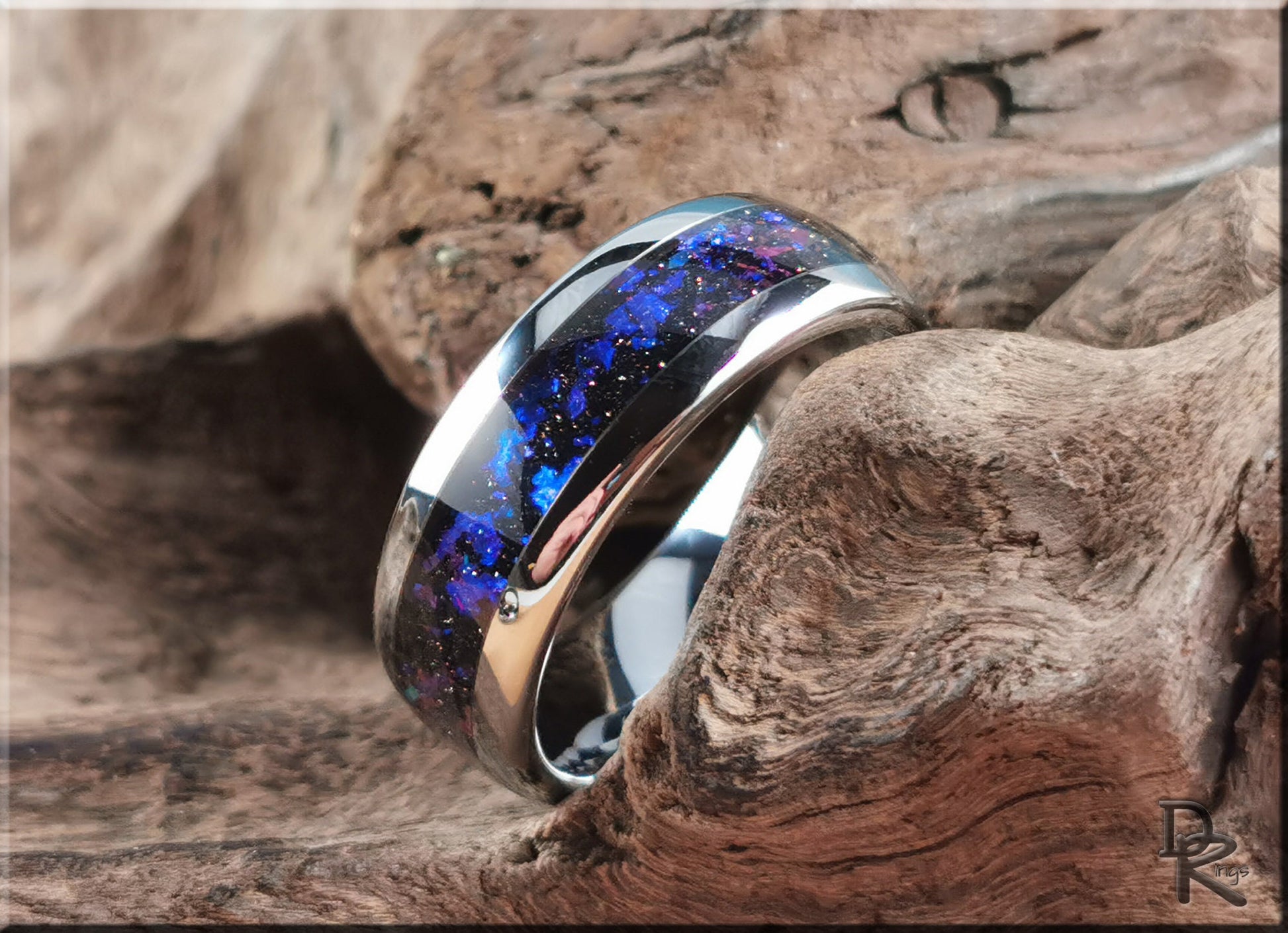 Polished 8mm Tungsten Carbide Channel Ring w/Celestial Sandstone inlay - tungsten ring