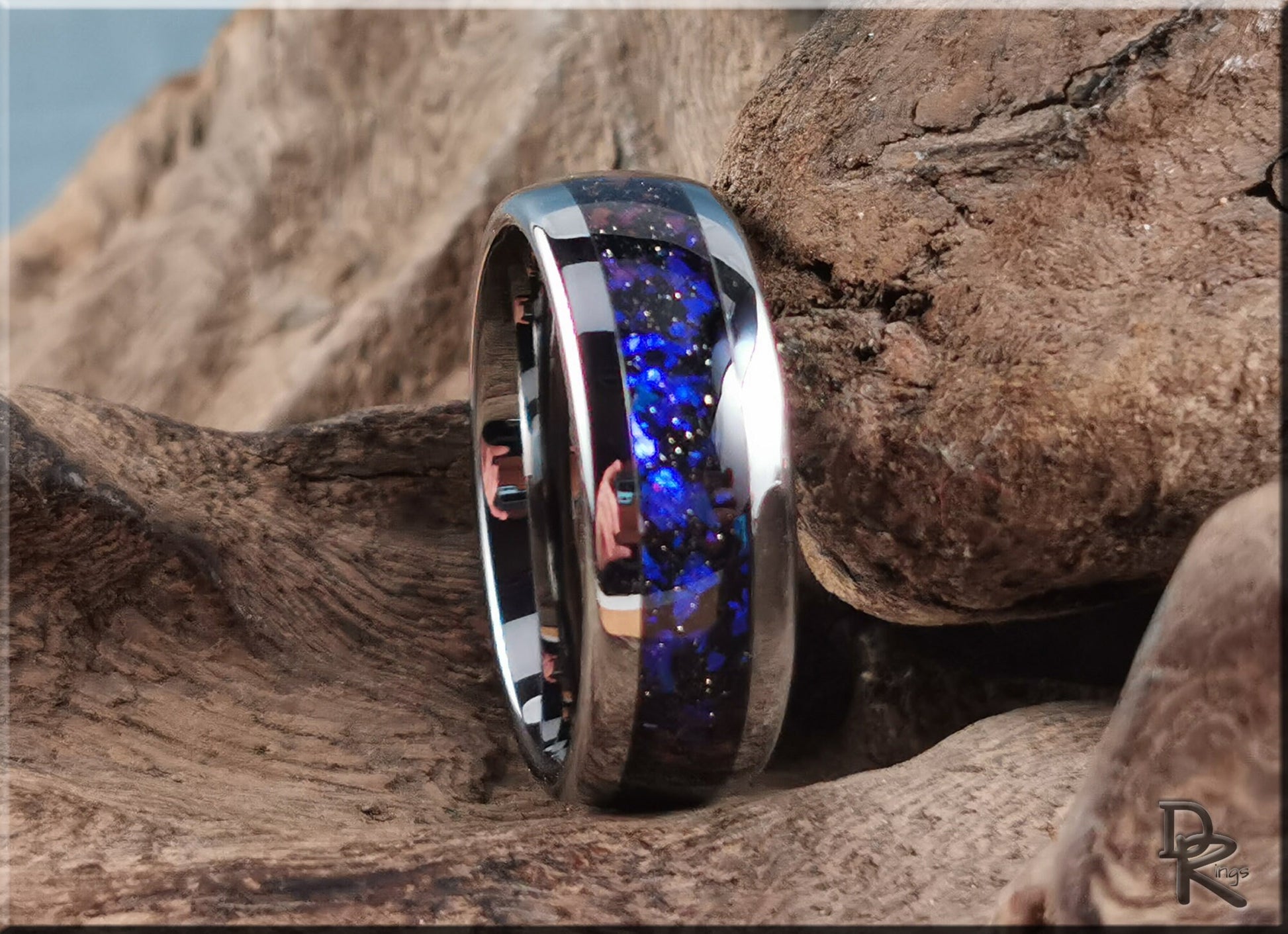 Polished 8mm Tungsten Carbide Channel Ring w/Celestial Sandstone inlay - tungsten ring