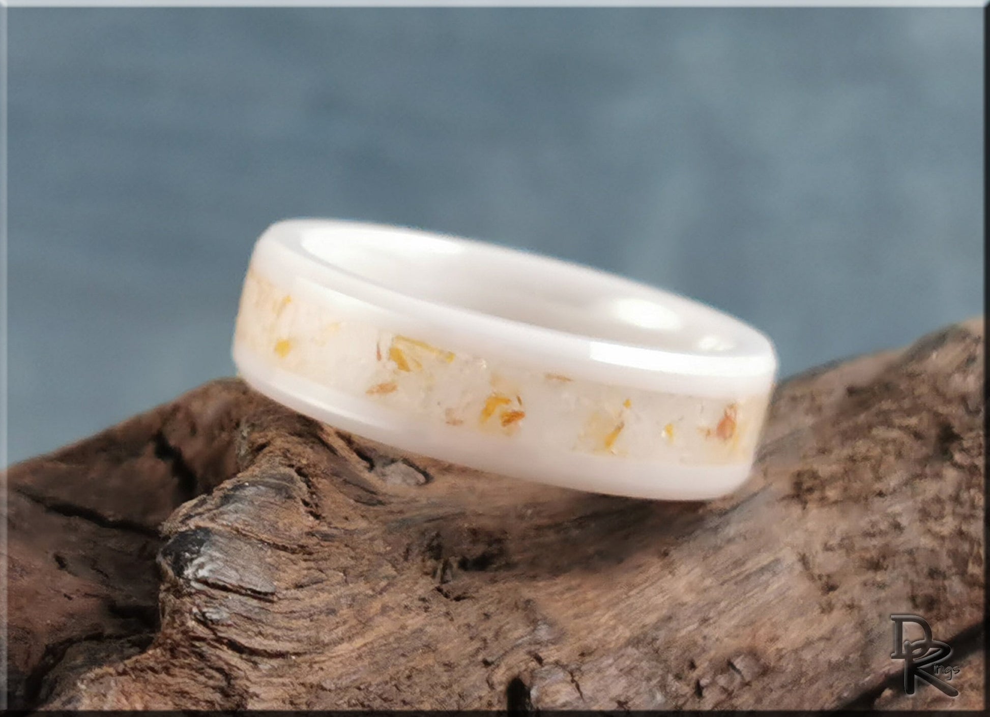 Polished White Ceramic Channel Ring w/Golden Healer Quartz inlay - ceramic ring