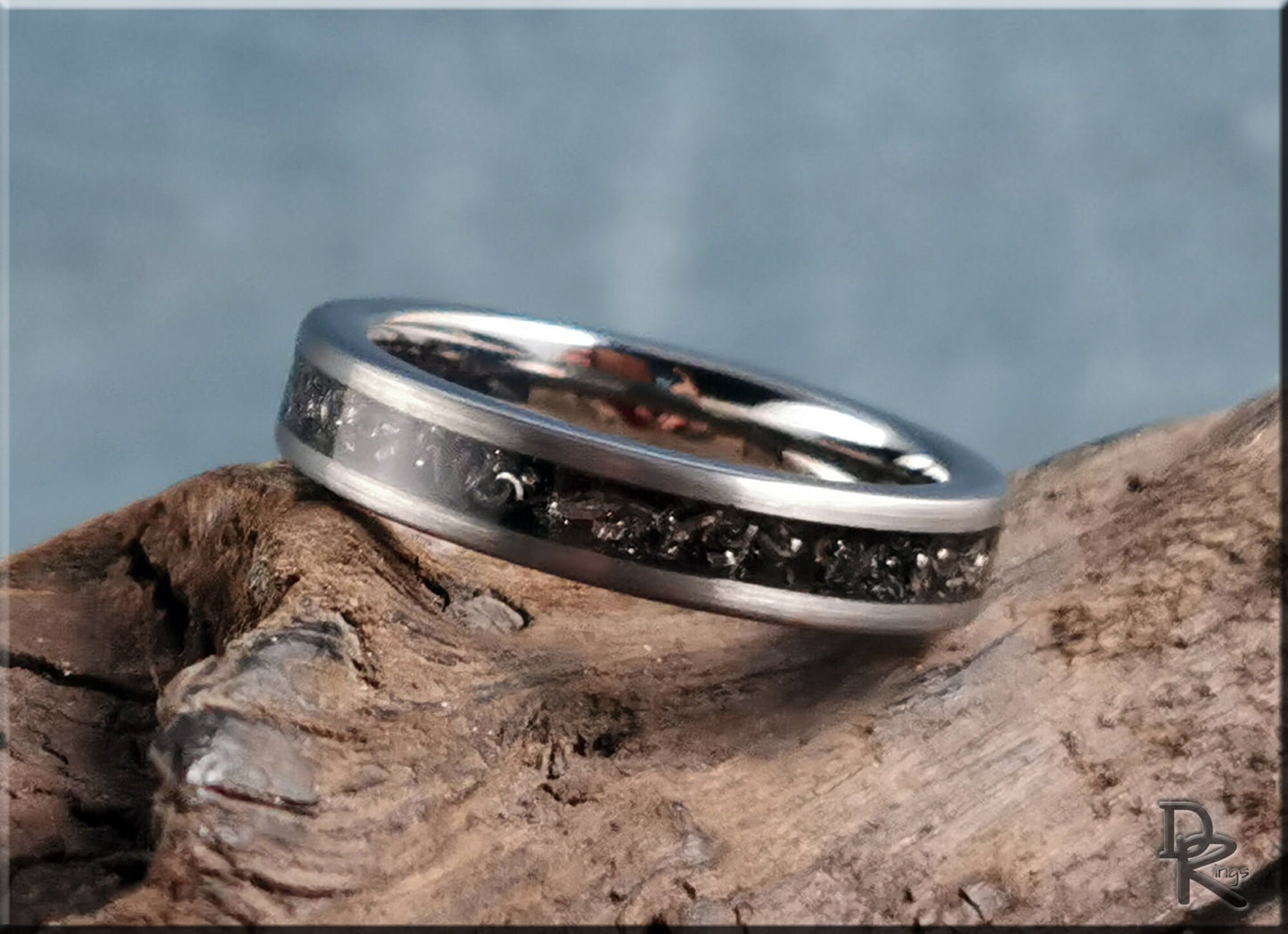 Brushed Tungsten Carbide Channel Ring w/offset Meteorite inlay - metal ring